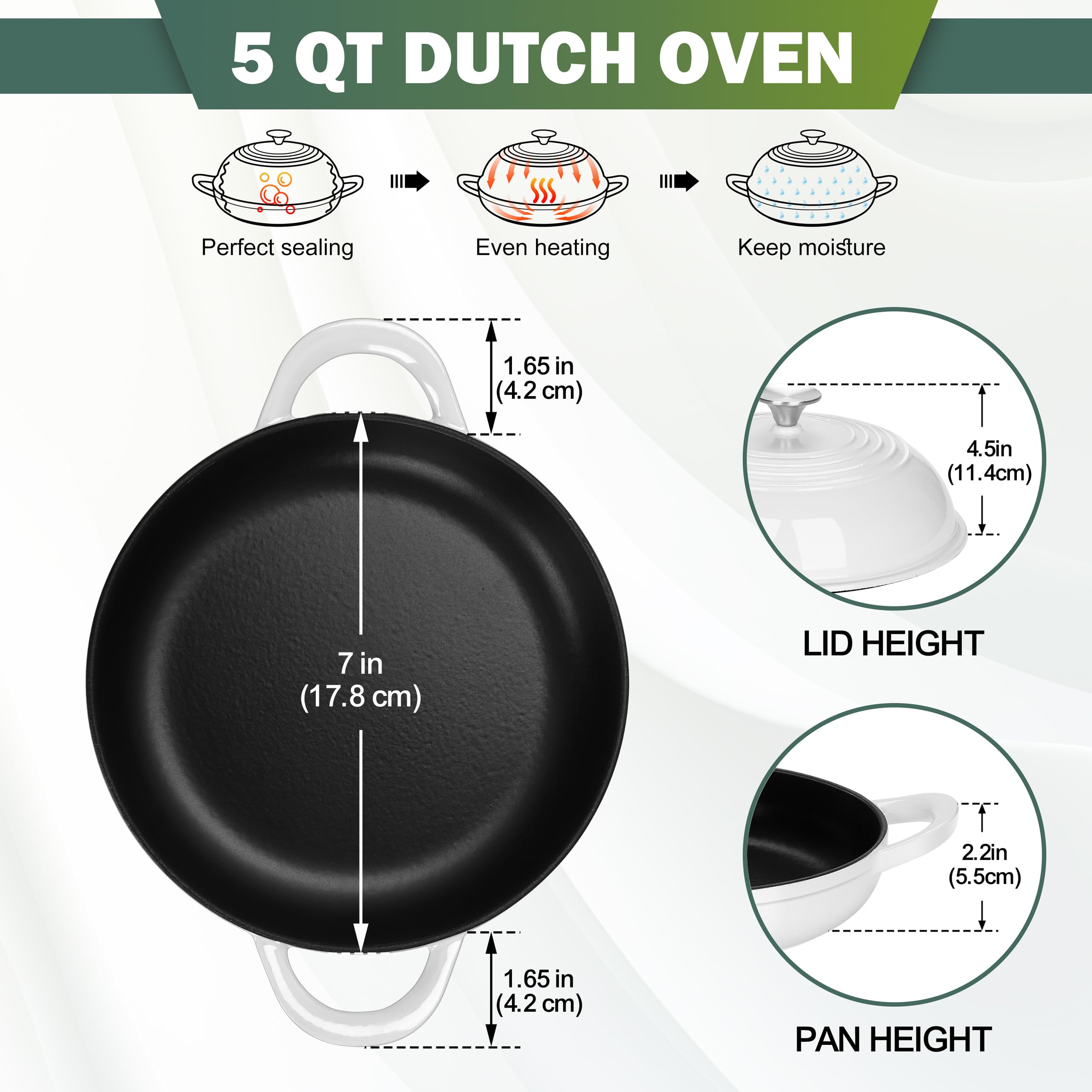 HaSteeL 5 QT Cast Iron Dutch Oven, Pre-seasoned Enamel Pot with Lid, Non-stick Round Cookware for Sourdough Bread Baking Cooking Roasting Frying, Heavy Duty & Oven Safe (White)