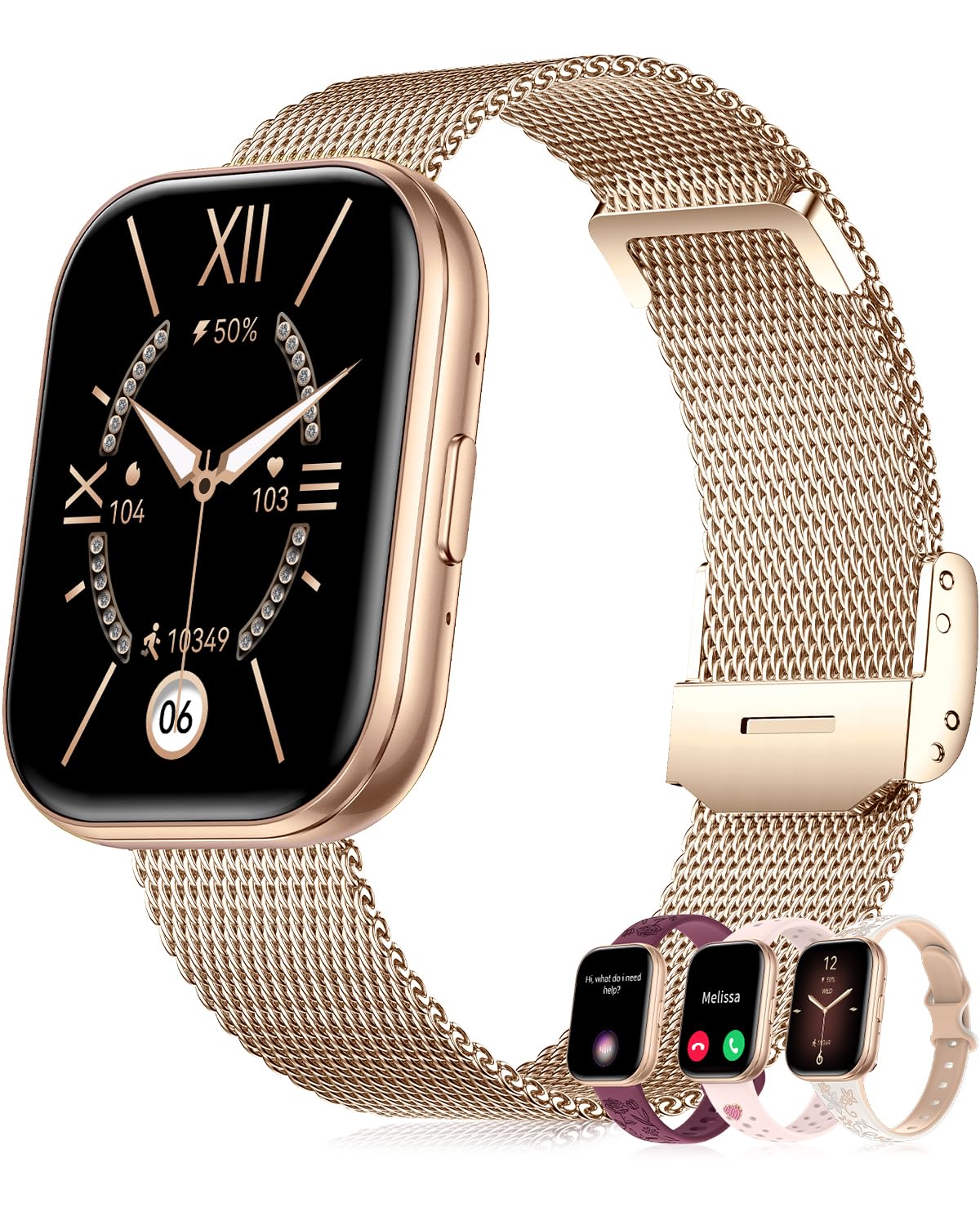 Reloj Inteligente Mujer Pequeño con 4 Correas 1.75" Smartwatch Mujer con Llamadas Pulsera Actividad Frecuencia Cardíaca Sueño SpO2 Función Femenina 120+ Modos Deportivos Regalo iOS Android, Rosa Oro