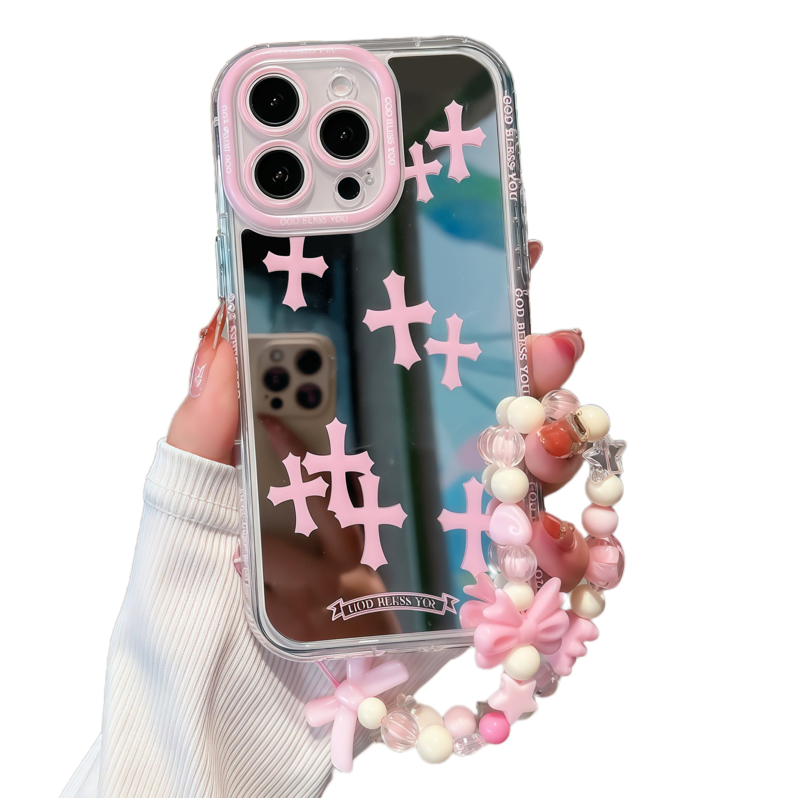 Pretaco for iPhone 15 Pro Case, [Pink Cross Pattern][Shiny Mirror Case][2-in-1 Wristband with Beads] Soft TPU Frame, Shockproof & Anti-Drop, Suitable