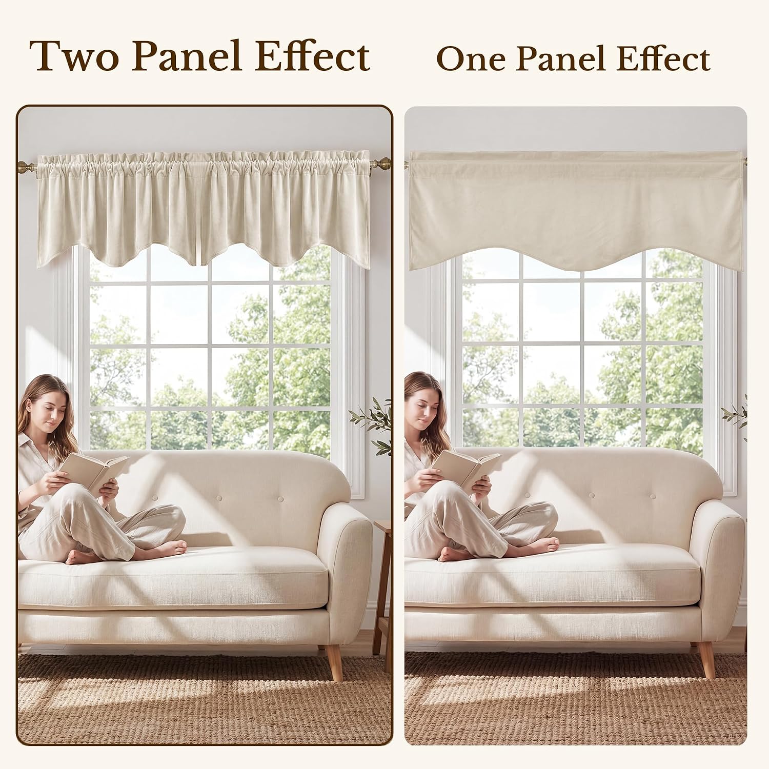 StangH Beige Scalloped Valance Curtains, Luxury Velvet Wavy Kitchen Window Treatment, Versatile Small Window Drapes for Bathroom/RV/Living Room, 52x18 Inch, 1 Panel