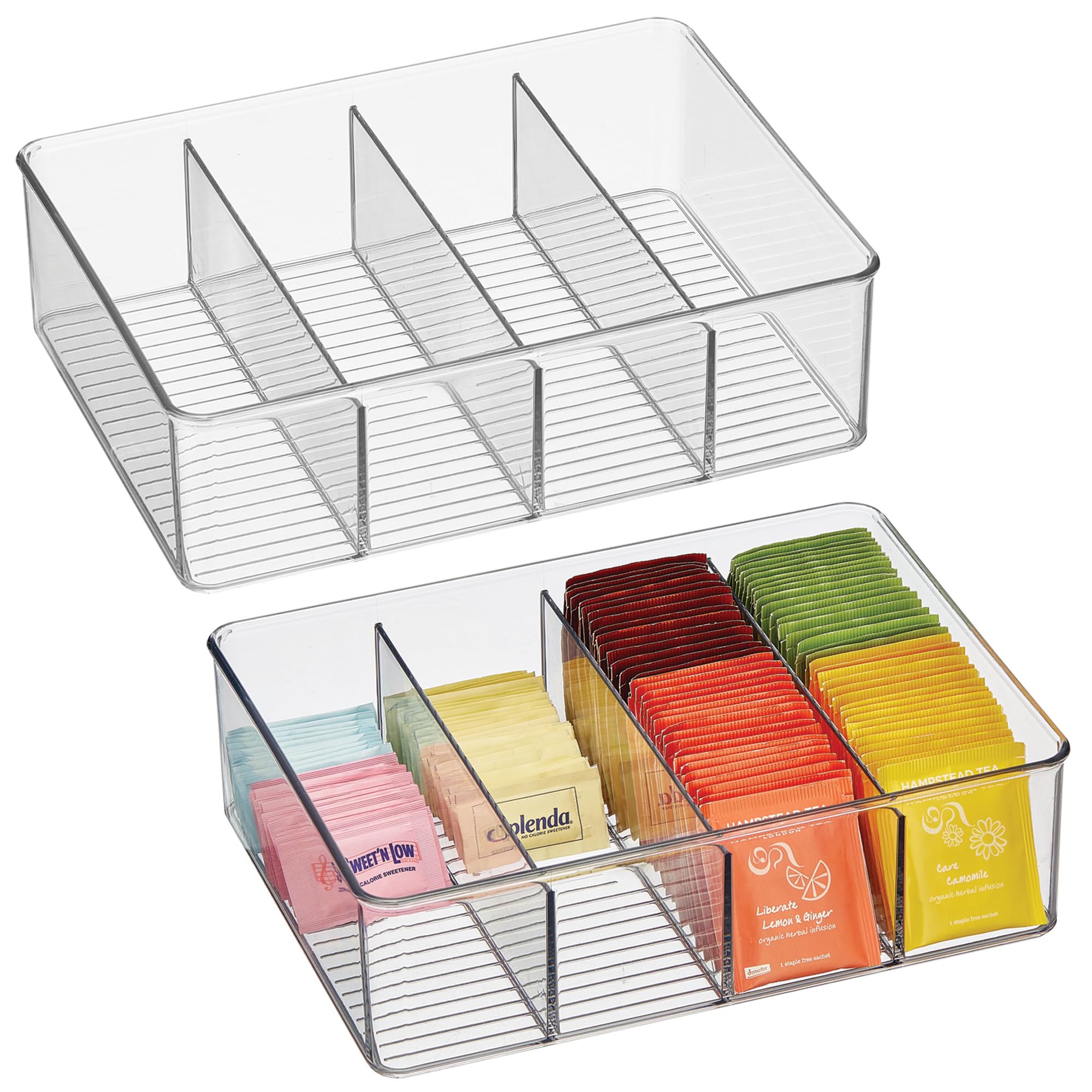 iDesign 4-Section Storage Bin for Tea Bags or Sweeteners in Pantry or Cabinet, Set of 2, Clear