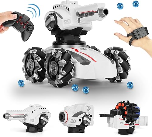 CXJ Auto tanque RC de 3 cabezas, auto de acrobacias de batalla 4WD para niños, burbujas de soplado, dardos de espuma, rotación 360, LED, música,