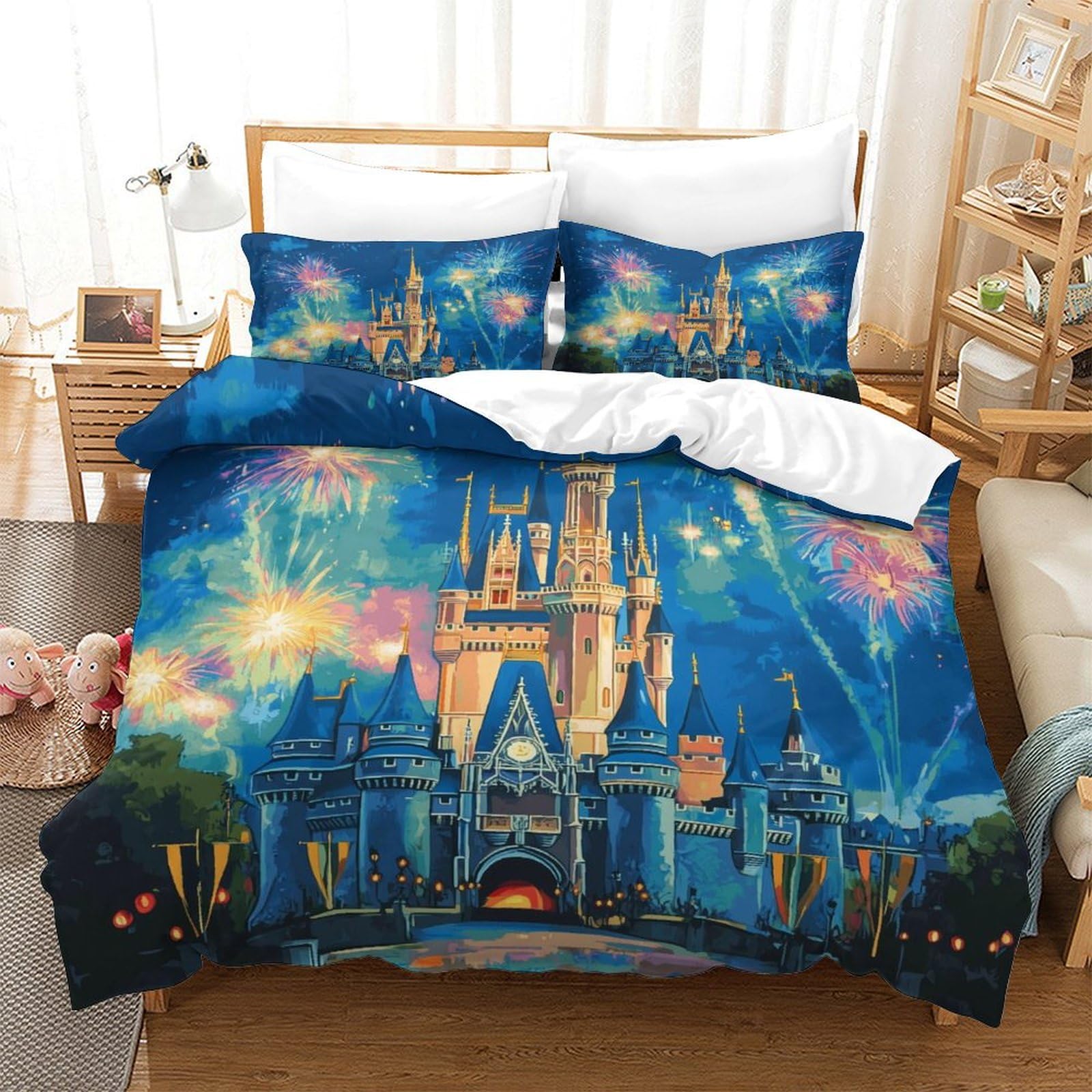 P1s9u7w5y Castle Dream Night 3D Printed Firework Duvet Cover Set 3Pcs Microfiber Fantasy Bedding Set Double（200X200cm）