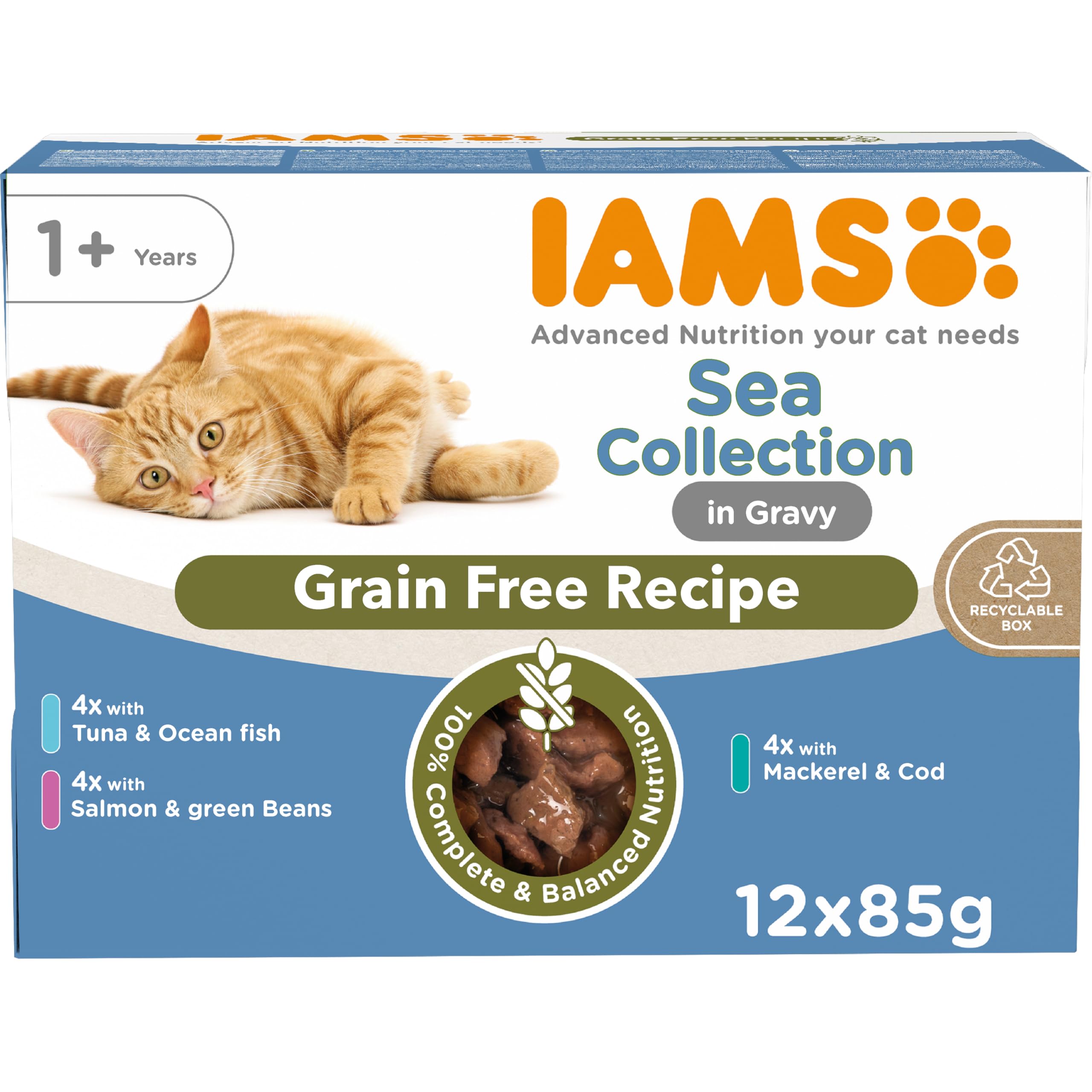 IAMS Grain Free Adult Wet Cat Food Fish Variety Mix in Gravy 12 x 85g - No Added Sugar