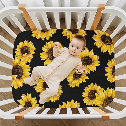 Miniatura 7 de Hermosas sábanas para cuna de bebé, diseño de girasoles en fondo negro, suaves y transpirables, funda de colchón para cuna, colchón de cuna, unisex,