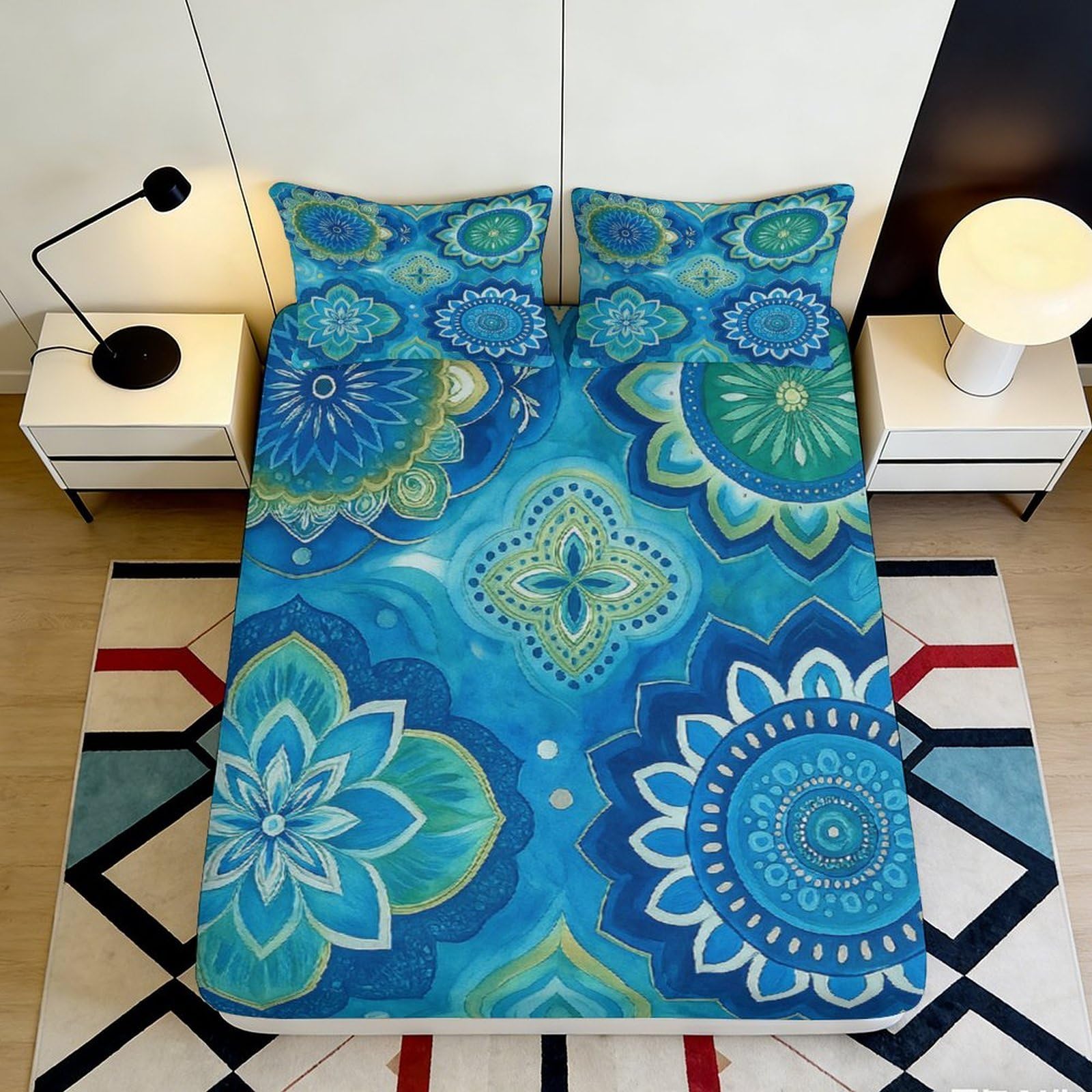 Jqzkxnhpbr Style-10 3D Printed Blue Mandala Fitted Sheet Microfiber Soft Breathable Abstract Flower Mattress Cover For Bedroom Decor 90X200x25cm