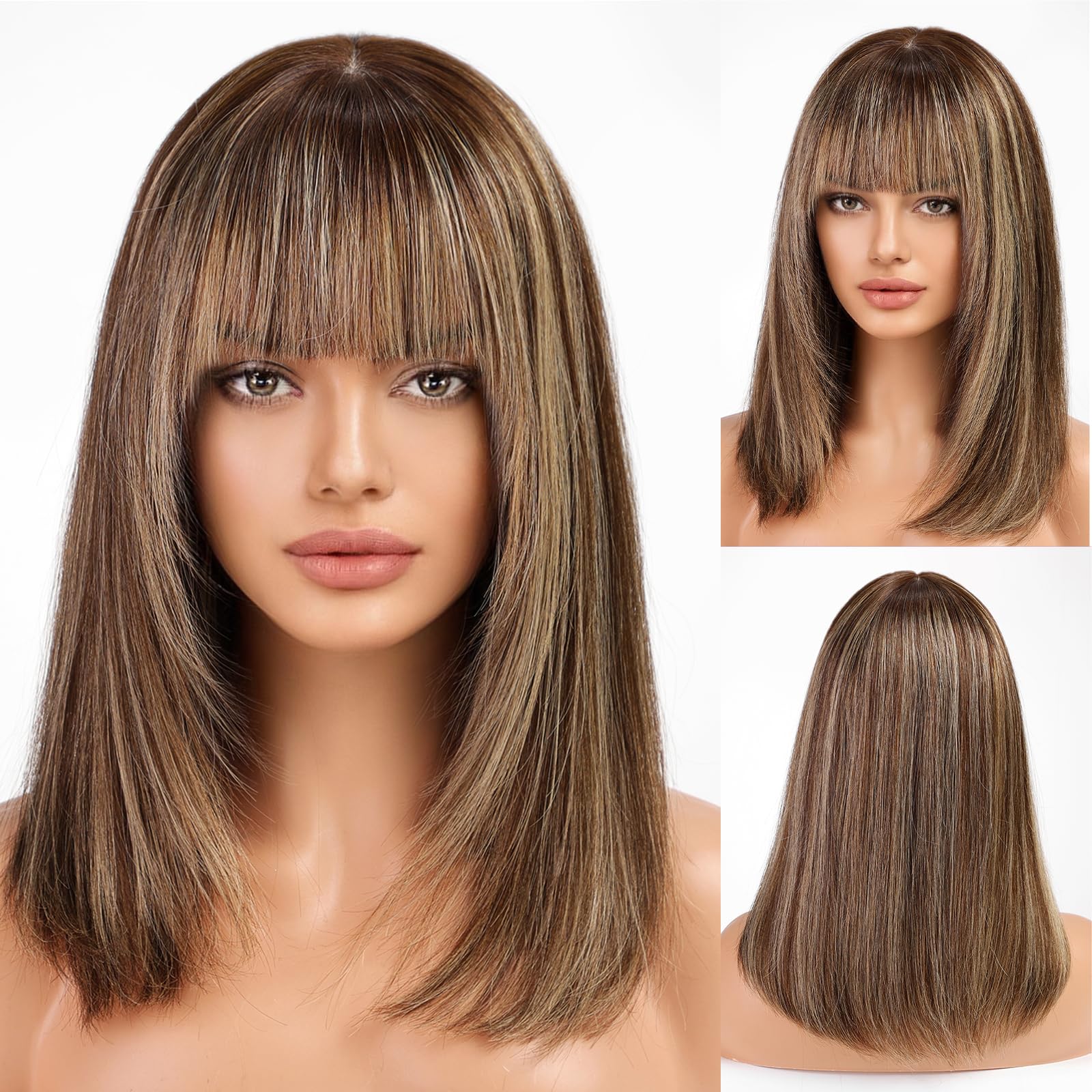 16inch Human Hair Wig Shoulder Length Layered with Bangs Natural Look TikTok Viral 16Inch Synthetic Wig With Pre Cut Bangs Layered  main image 4