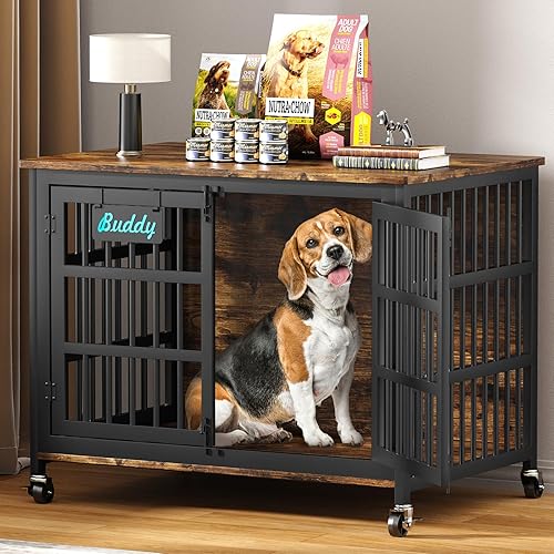 Vista 115 de EasyCom Perrera resistente para perros de interior con etiqueta de nombre, muebles de jaula de perro de 41 pulgadas para perros medianos, jaula