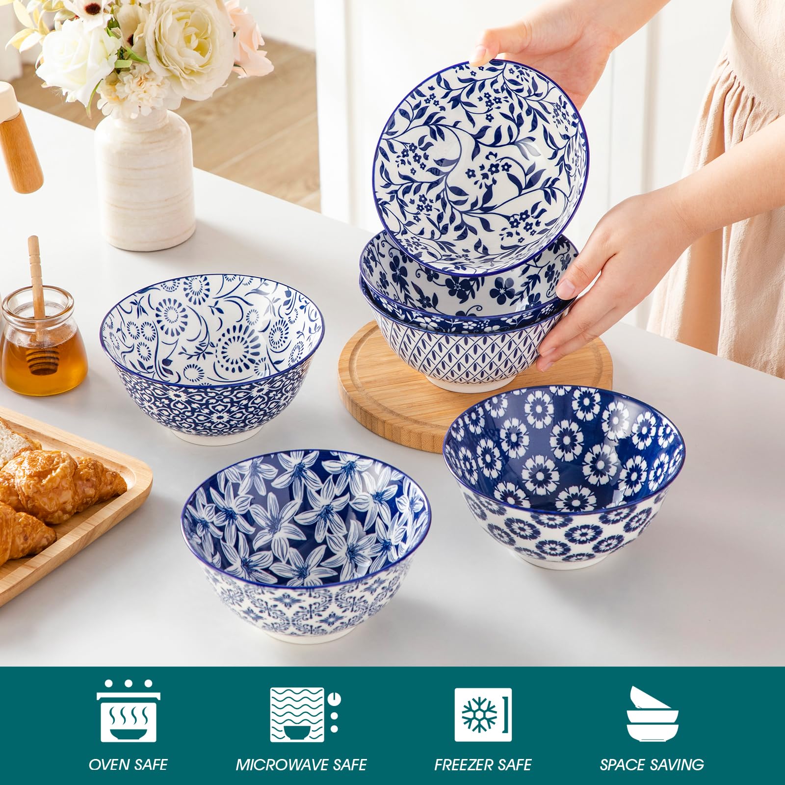 vancasso Serie SELENE - Set di 6 Ciotole per Colazione Cereali in Ceramica da 720 ml – Stile Cinese Blu e Bianco - Ciotole Cucina Adatte per Cereali, Insalata, Zuppa, Ramen, Pasta e Dessert