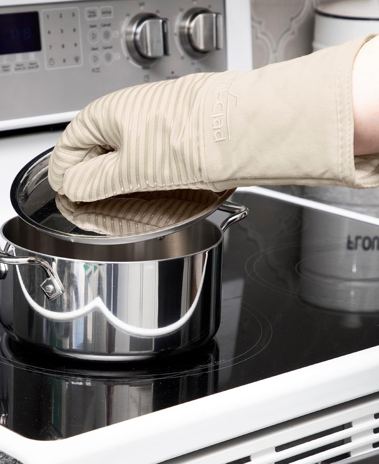 All-Clad Silicone Oven Mitts: Heat Resistant up to 500 Degrees - 100% Cotton & Silicone, 14x7 Oven Mitt for Kitchen and Barbeque, 2-Pack, Almond