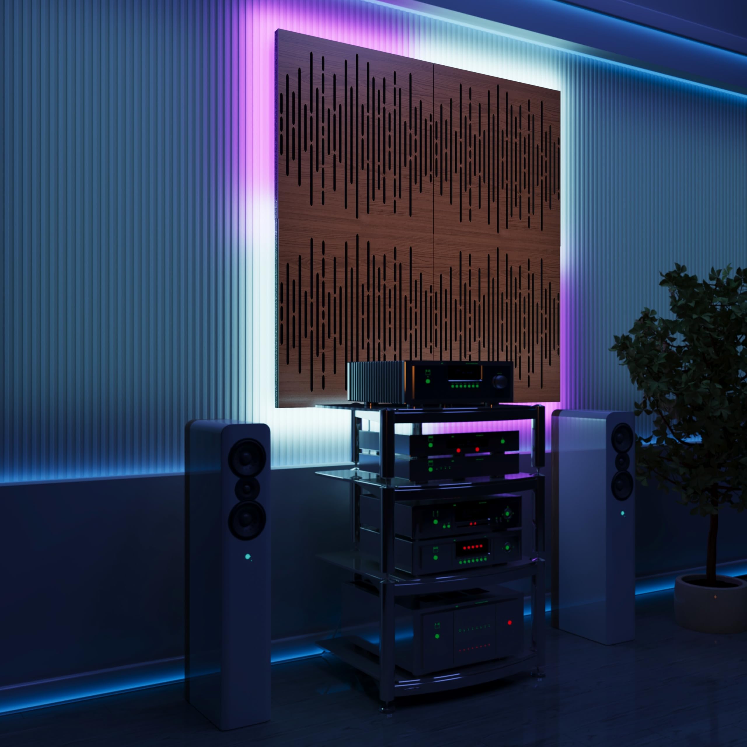 Paneles acústicos LED de pared con luz RGB | Espuma absorbente con iluminación ambiental | Control del eco para estudio, gaming y podcast | [4x WAVE - Agrupados | Nogal]