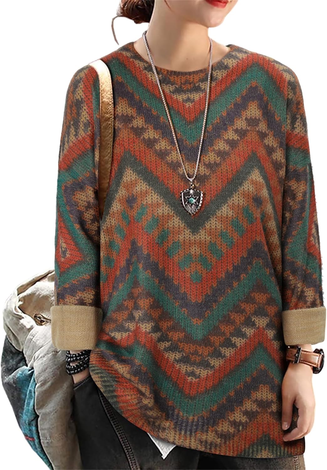 CRAZY GRID Women Knitt Pullover Sweaters Winter Patterned Oversized Long Sleeve Graphic Print Jumper Tops - Image 2