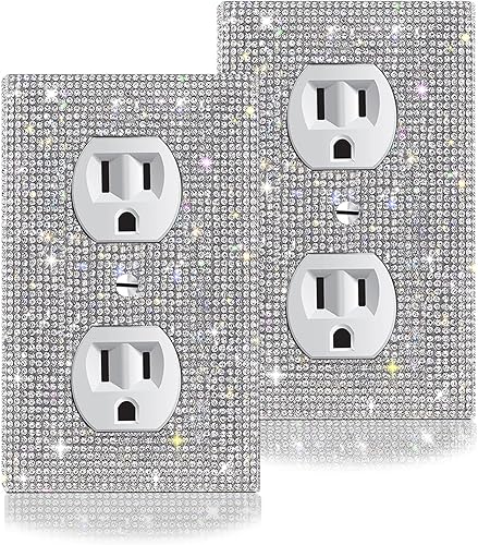 2 cubiertas de salida de diamantes de imitación plateados brillantes, placas de pared, cubierta de interruptor de luz, cubierta de salida de