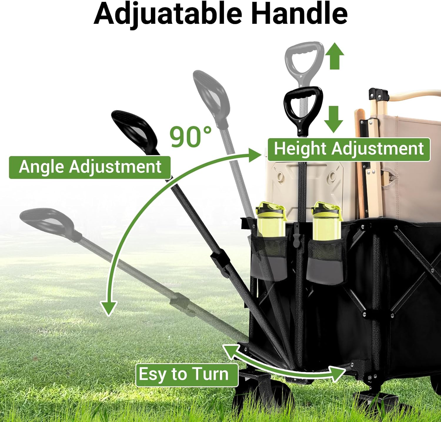 Black 400L Heavy Duty Folding Wagon Cart-450LBS Capacity All-Terrain Beach Cart with Big Wheels & Drink Holders-Push/Pull Utility Cart for Groceries, Camping, Sports, Shopping (Black)