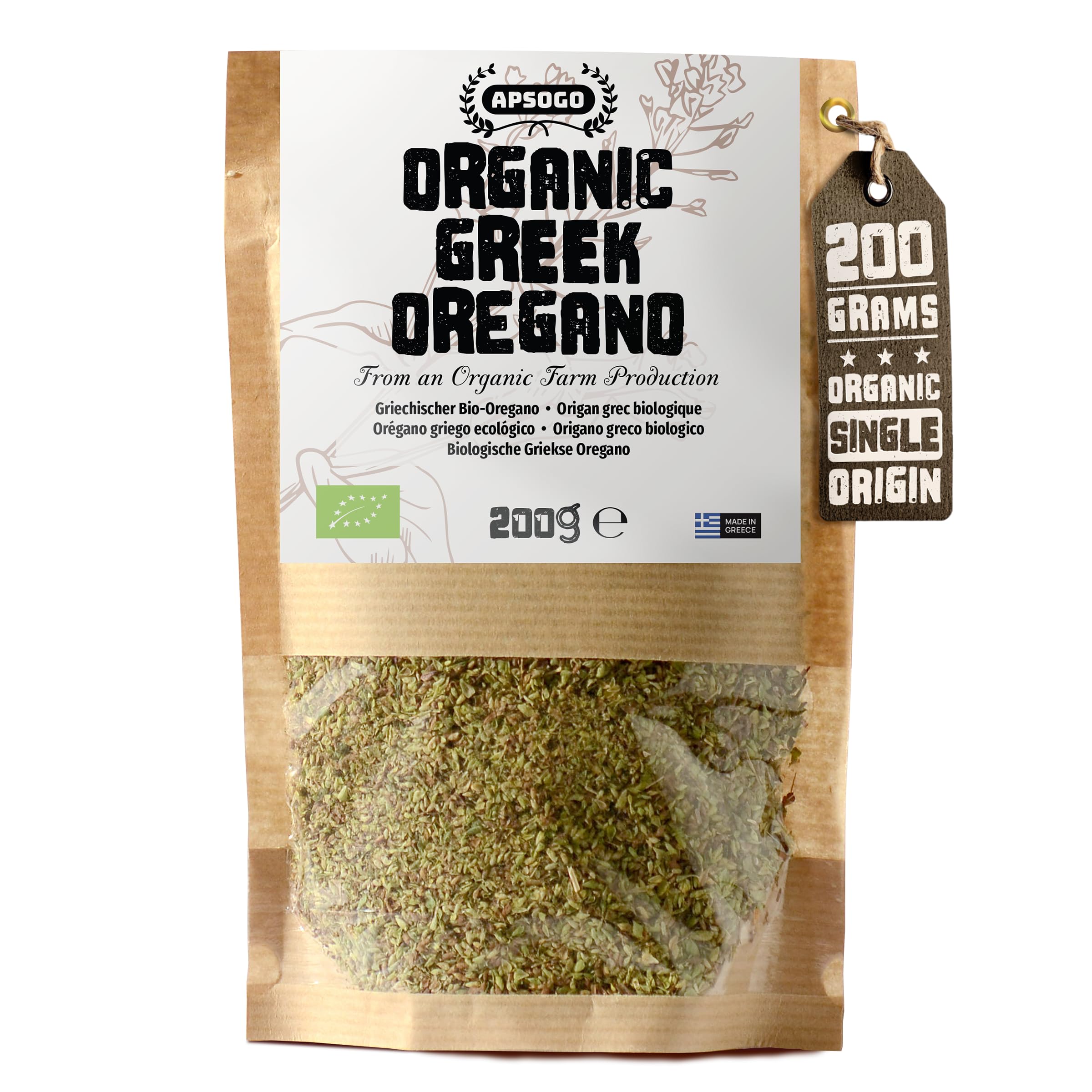 Apsogo Oregano - Organic Dried Oregano produced in Greece - Premium Quality & Excellent Taste (200g)