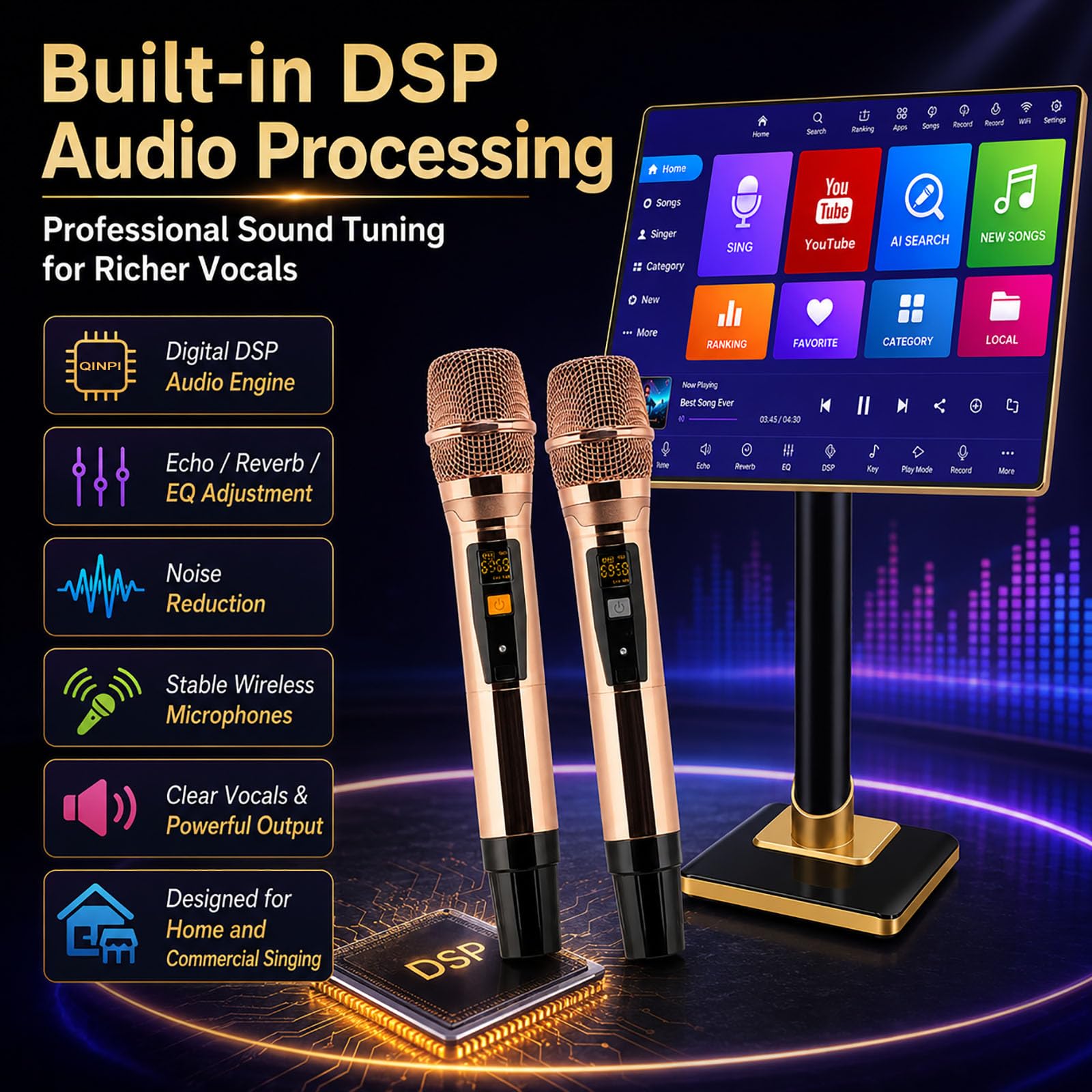Sistema Karaoke all-in-One da 21,5 Pollici con 2 Microfoni Wireless, Doppio Sistema Android, WiFi, Elaborazione Audio Dsp, Controllo Vocale E App per Casa E Uso 8TB