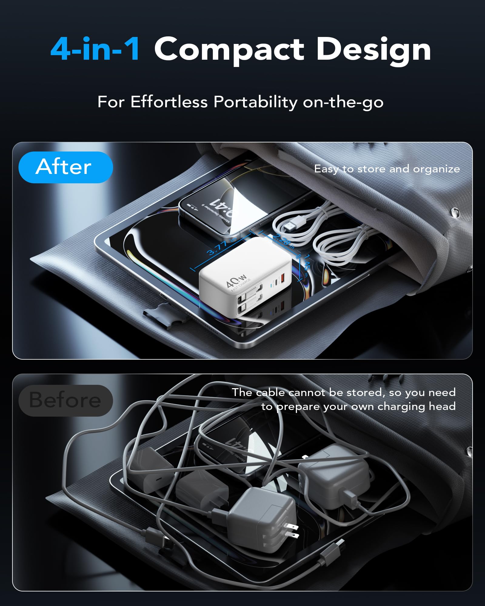 Bloc de charge GaN 4 en 1 pour iPhone 17, Travel Essentials Bloc de charge rapide 40 W Max Câble rétractable pour 2 types C, prise de chargeur de téléphone rétractable pour iPhone 17 Pro Max/16/15