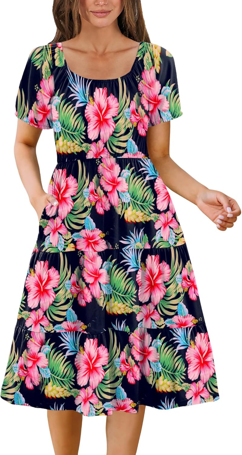 Zeagoo Women's Summer Dress Casual Puff Sleeve Square Neck Midi Dresses Tiered Beach Vacation A-Line Sundress with Pockets