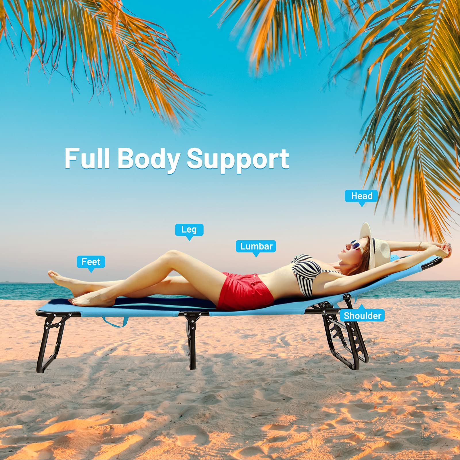 GIANTEX Chaise Longue Pliante pour Bronzage, Charge 160 kg, Dossier Réglable à 5 Positions, Repose-Pieds à 2 Positions, Bain de Soleil, Trou pour Visage, Transat Jardin pour Piscine, Plage, Bleu Lac