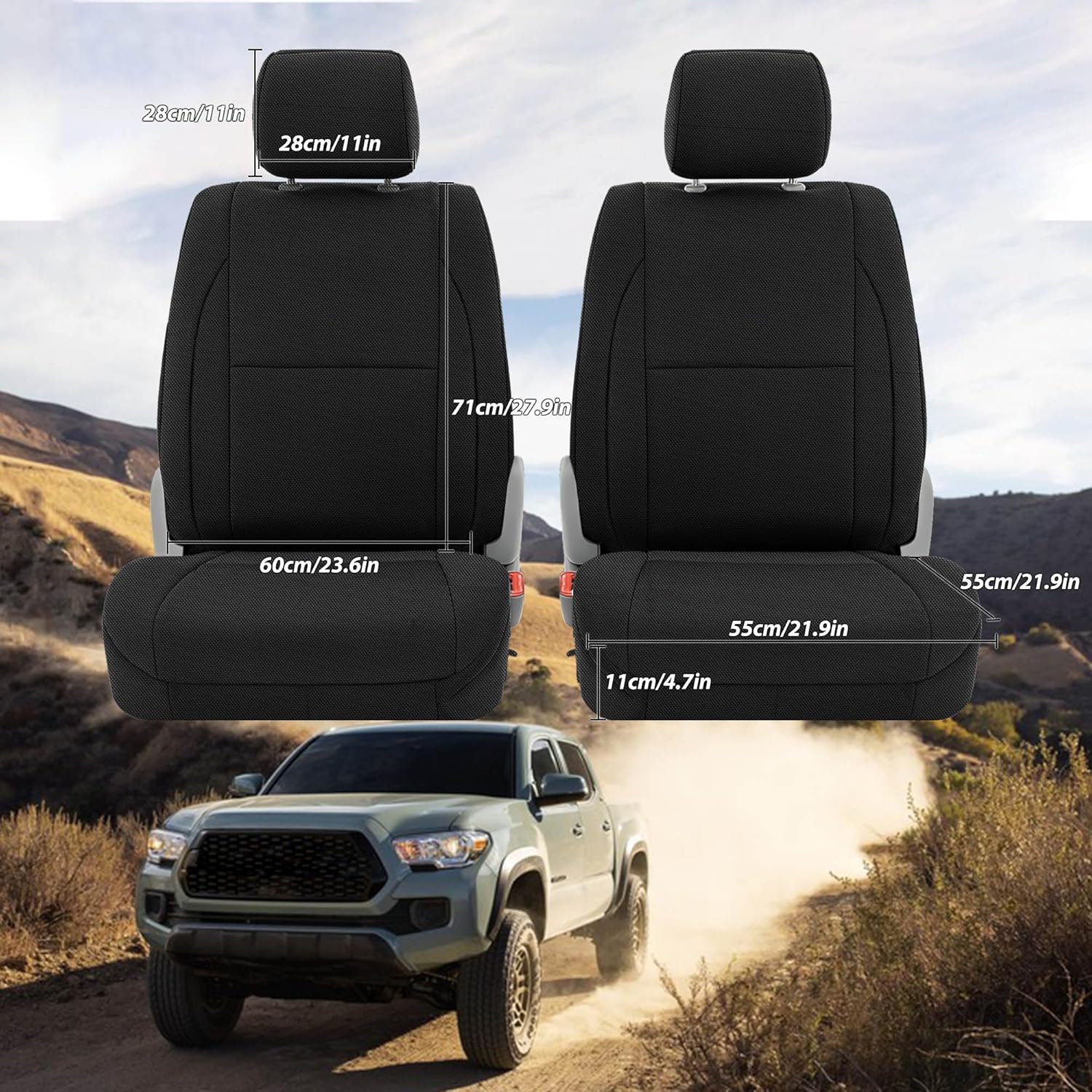 Front Seat Covers for Toyota Tacoma Crew Cab 2016-2023 with Non-Folding Passenger Seat Durable Composite Sponge Fabric Form-Fitting for Long-Lasting Interior Preservation - Black