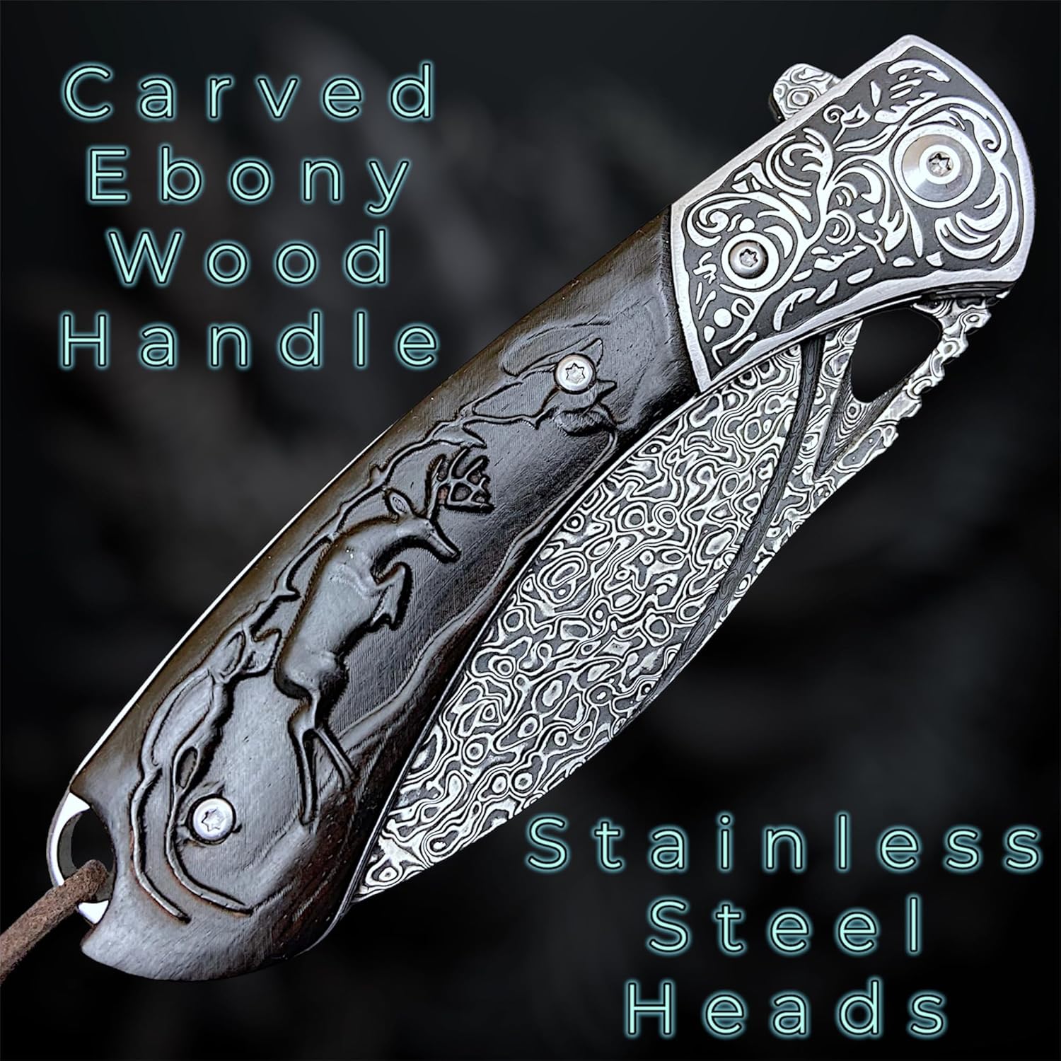 TACTICAL GEARZ Damascus Pocket Knife, Custom Carved Ebony Handle, Includes Custom Leather Sheath (Kanaka XT)