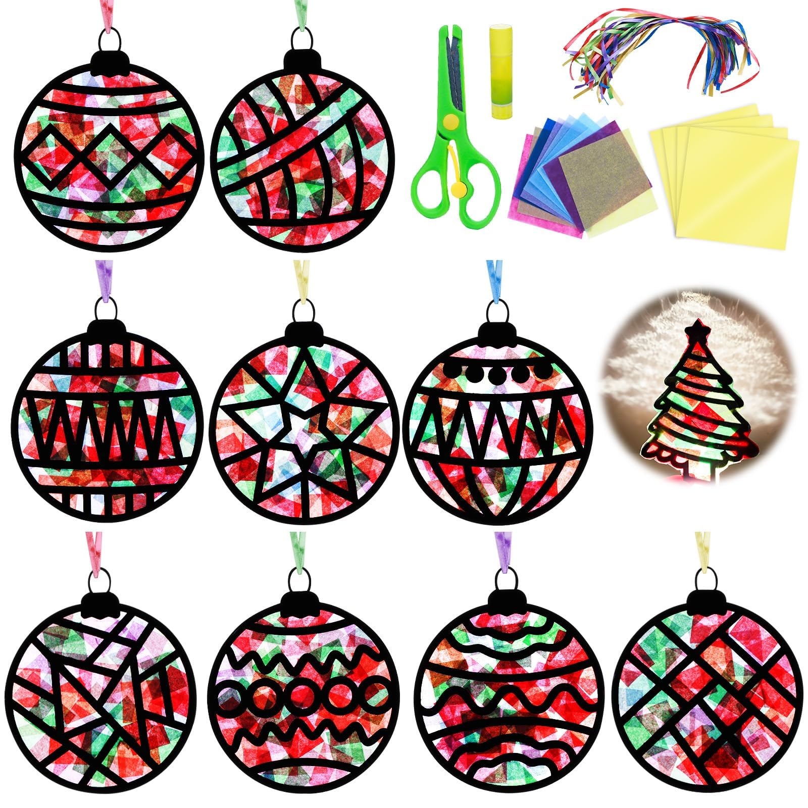 EggSun 36 Sets Christmas Balls Suncatchers Craft Kit for Kids Ornaments Stained Glass Christmas Window Arts and Crafts Kit for Classroom Holiday