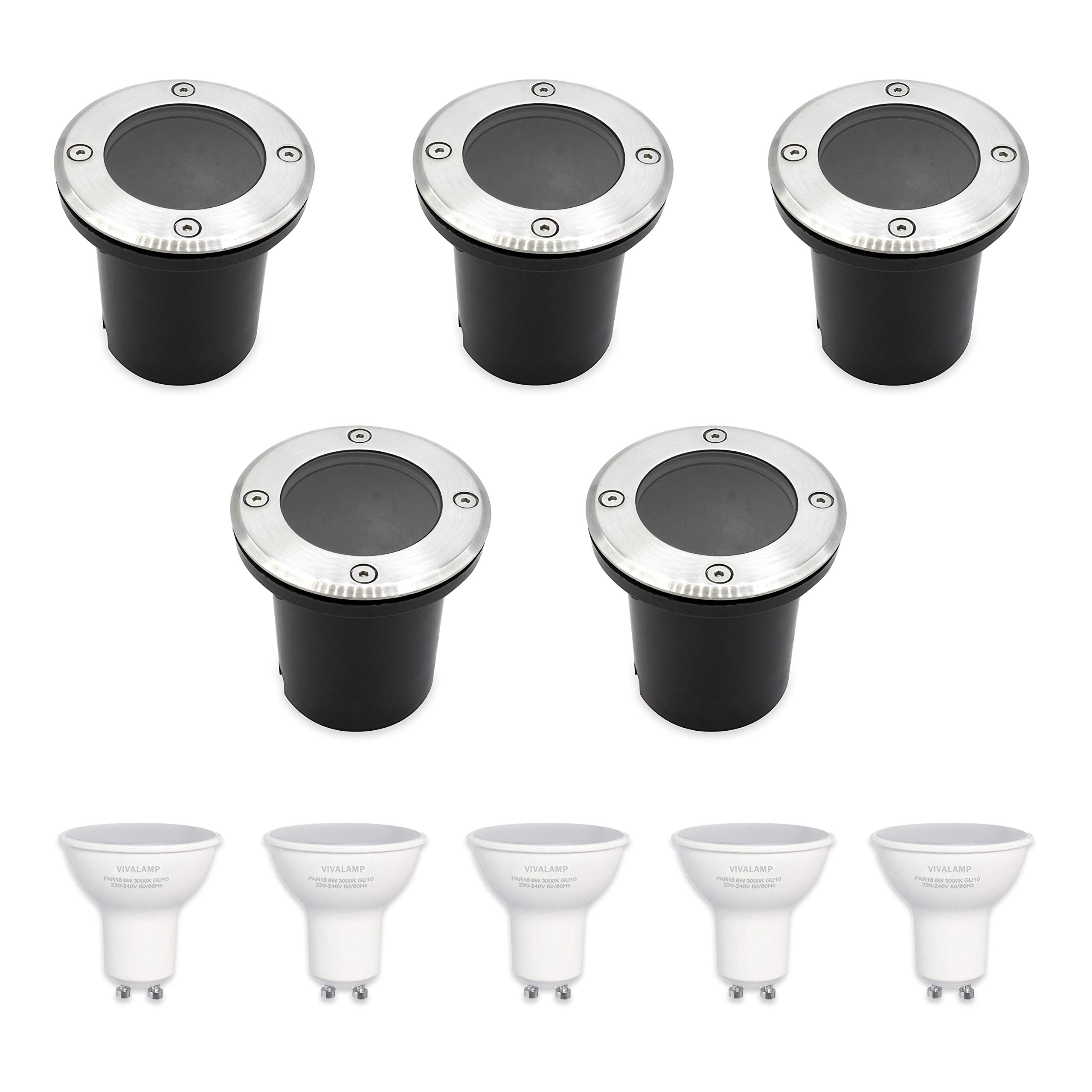 490091- Kit 5 Segnapasso Rotondo Calpestabile GU10 + 5 Lampadine Led GU10 6W 220V 3000K Luce Calda. Portalampada GU10 in ceramica incluso!