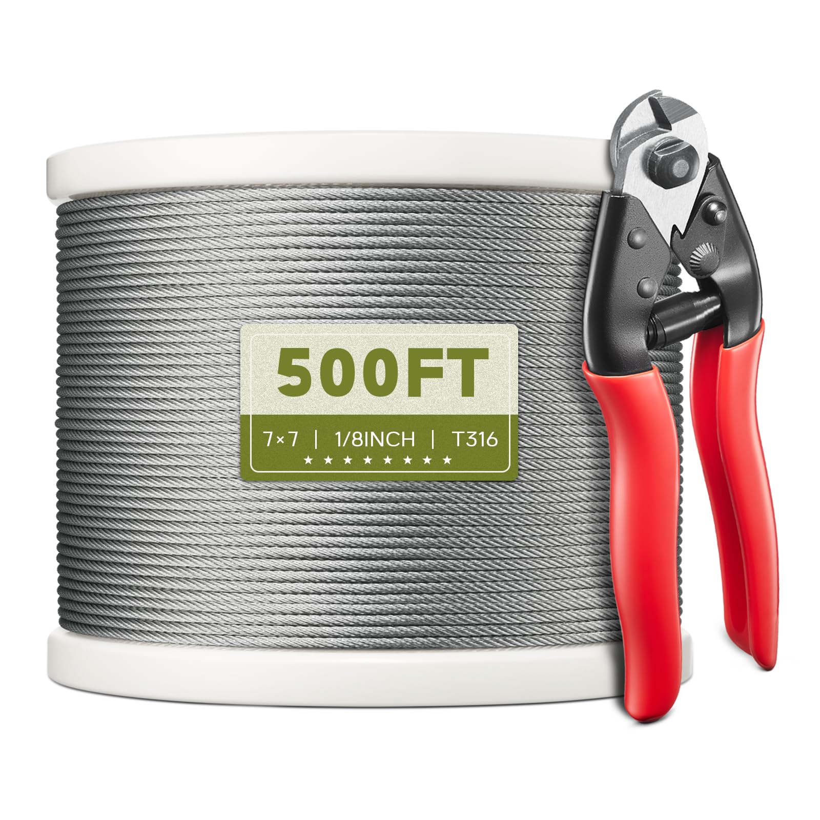 Photo 1 of KALLSDY 500FT 1/8" T316 Stainless Steel Cable, Wire Rope Aircraft Cable for Deck Cable Railing Kit and DIY Balustrades, 7x7 Strands Construction, Comes with a Cutter