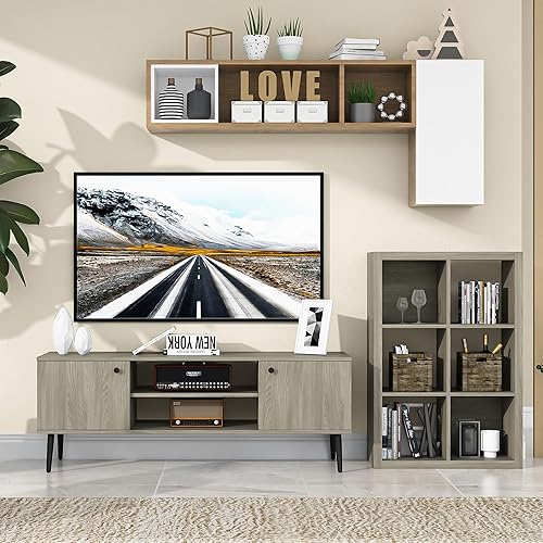 Miniatura 3 de furtble Soporte de TV con almacenamiento, consola multimedia rústica moderna para TV de 55 y 60 pulgadas, gabinete de almacenamiento de TV de