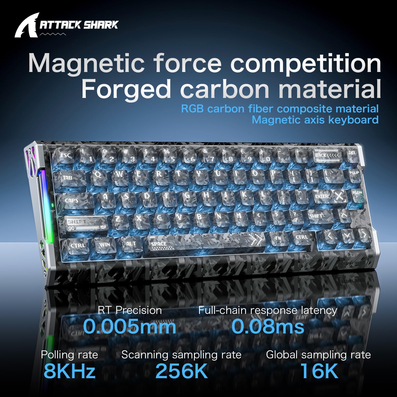 ATTACK SHARK R68 HE Carbon Fiber 8000Hz Rapid Trigger Keyboard, 0.005mm RT Accuracy 68 Keys Wired Gaming Keyboard with Magnetic Switch, Adjustable Actuation, Snap Tap, RGB Lighting for PC/Mac, Ink - 4