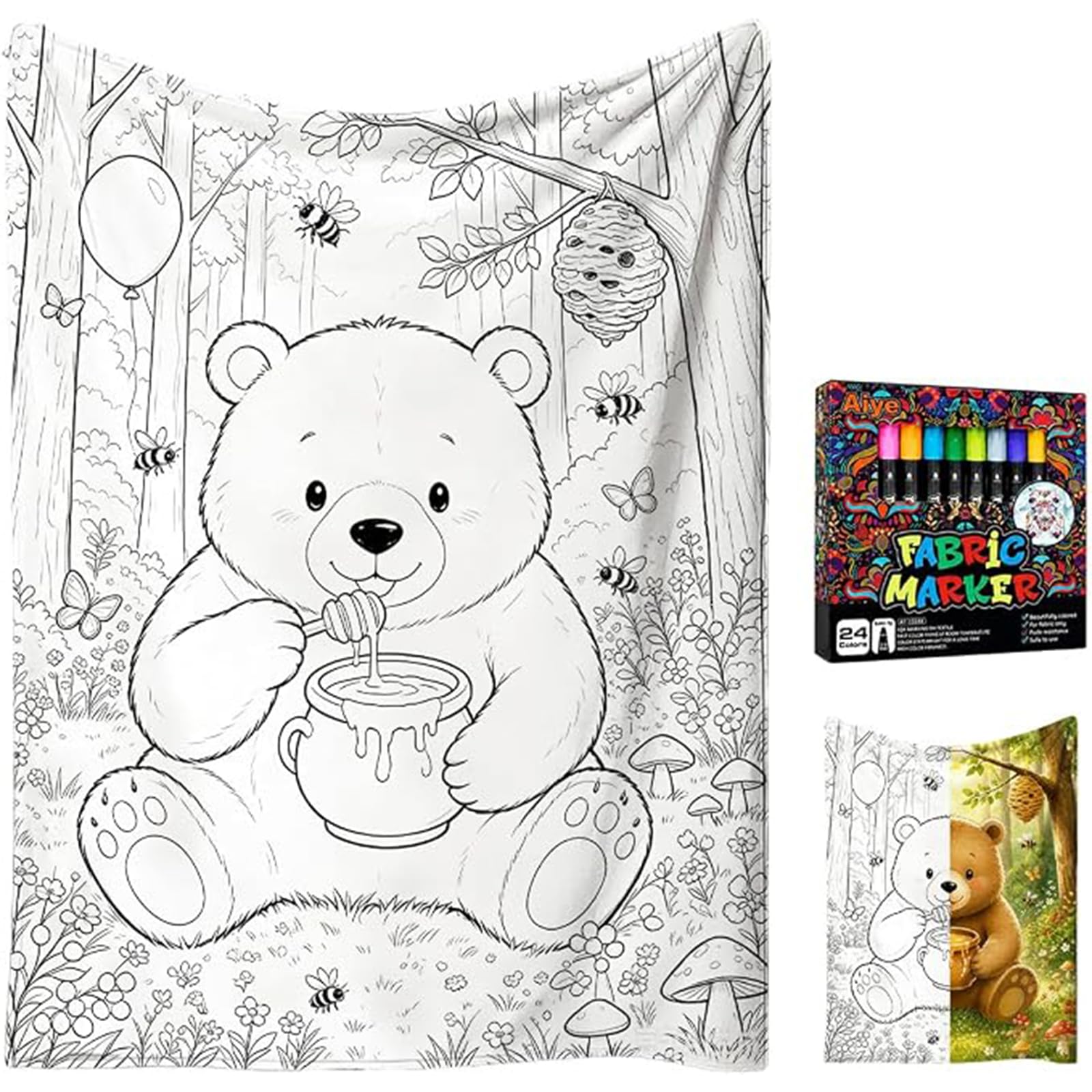 Little Bear Themed DIY Colouring Blanket for Adults Kids, 24 Colour Markers | DIY Colour Your Own Blanket, Washable Paintable Flannel Throw for Creative Craft Activity, Sofa Bedroom Decor Gift