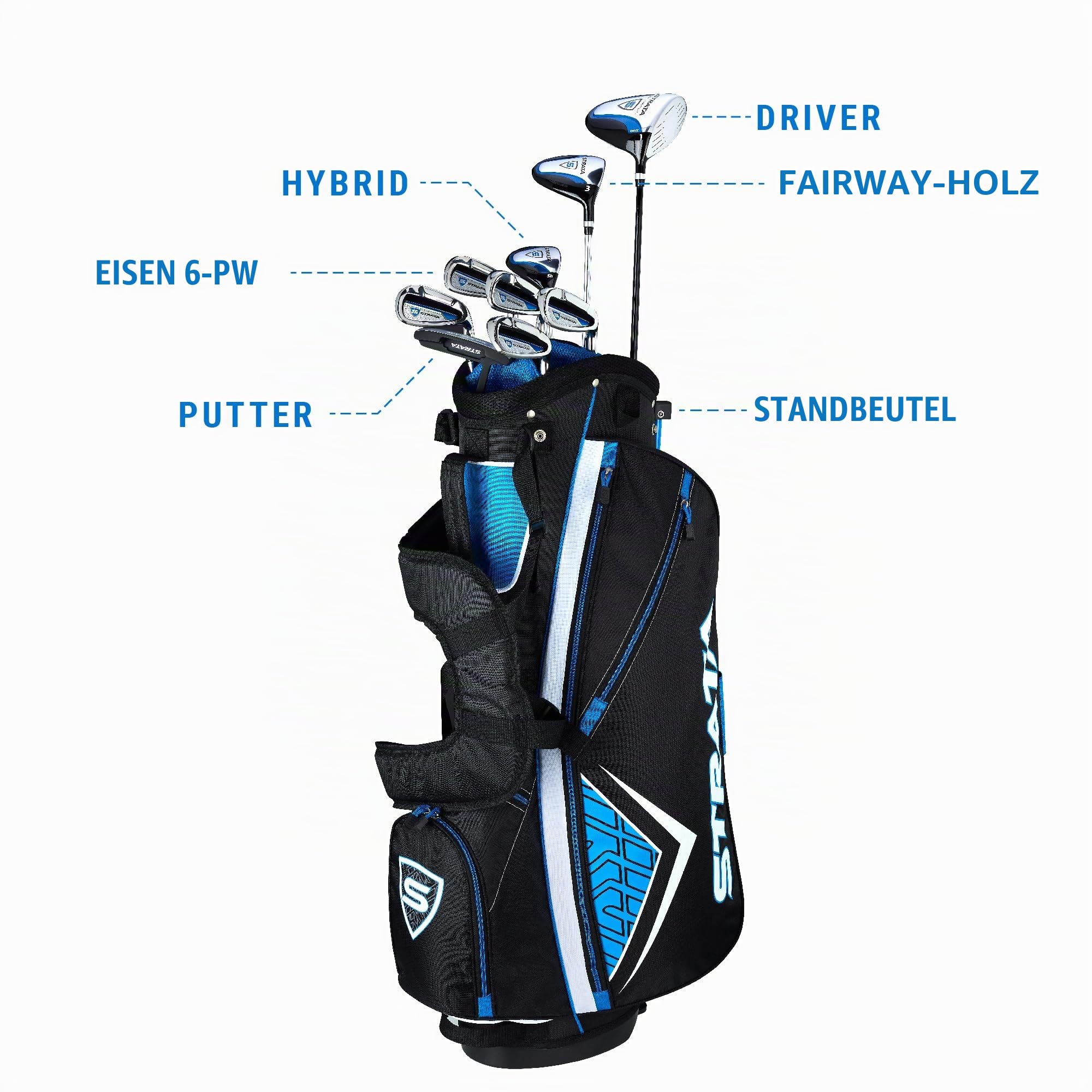 STRATA Golf-Komplettpaket-Set: Golfausrüstungspaket mit Driver, Hölzern, Hybriden, Eisen, Putter und Standbag für sofortige Höchstleistung