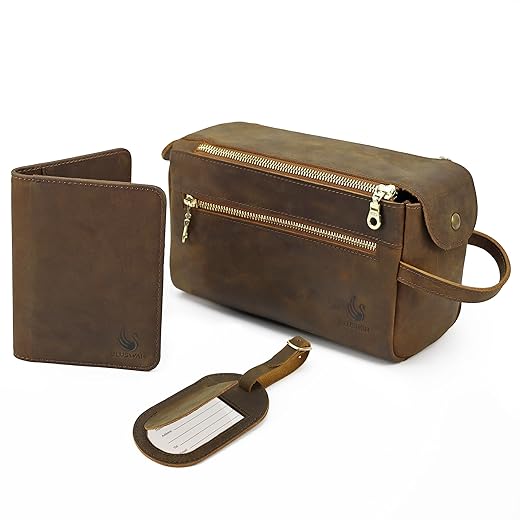 Bluswan Travel Accessories Gift Set – Gift Set for Men and Women with Travel Toiletry Bag, Luggage Tag, RFID Passport Holder – Crazy Horse Leather Travel Bag – Luxury Gifts for Husband, Boyfriend