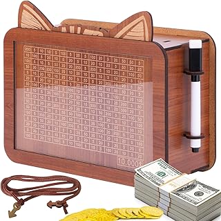 Cash Vault Wooden Savings Box, Upgraded Piggy Bank for Adults & Kids, Cat Coin Bank for Boys and Girls, Unique 10000 Savings Challenge Box with Money Target and Numbers (10000 Dollar)