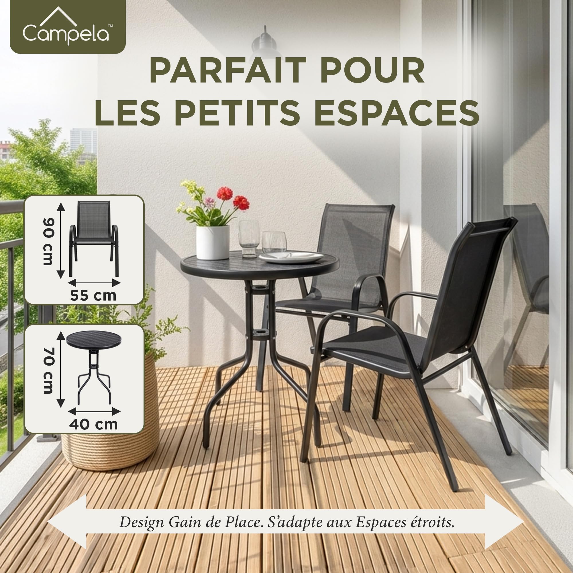 CA1045 Ensemble de Jardin pour Balcon - Table Ronde et 2 Chaises Gris foncé - Design Compact - pour Balcon, terrasse, Jardin - Hauteur de la Table 70 cm, chaises 90 cm