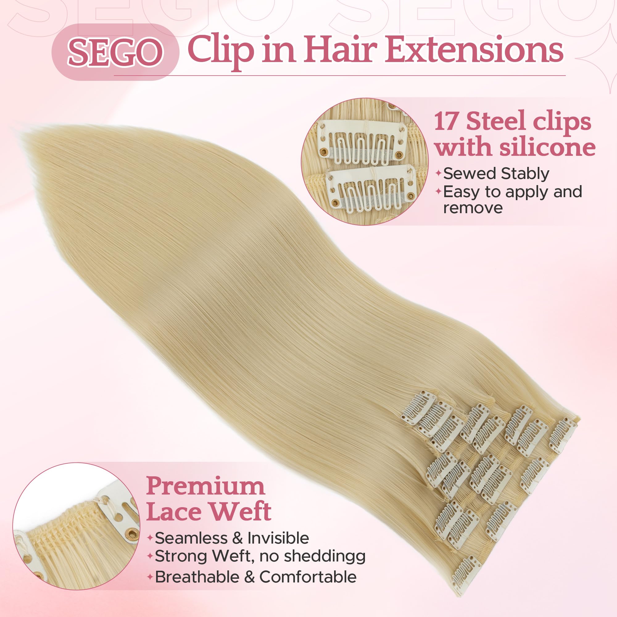 SEGO 26 Inch Thick Highlight Hair Piece 8PCS Long Straight Clip in Extensions Full Head 175g Synthetic Fiber Hairpieces For Women,#613 Bleach Blonde - Image 2