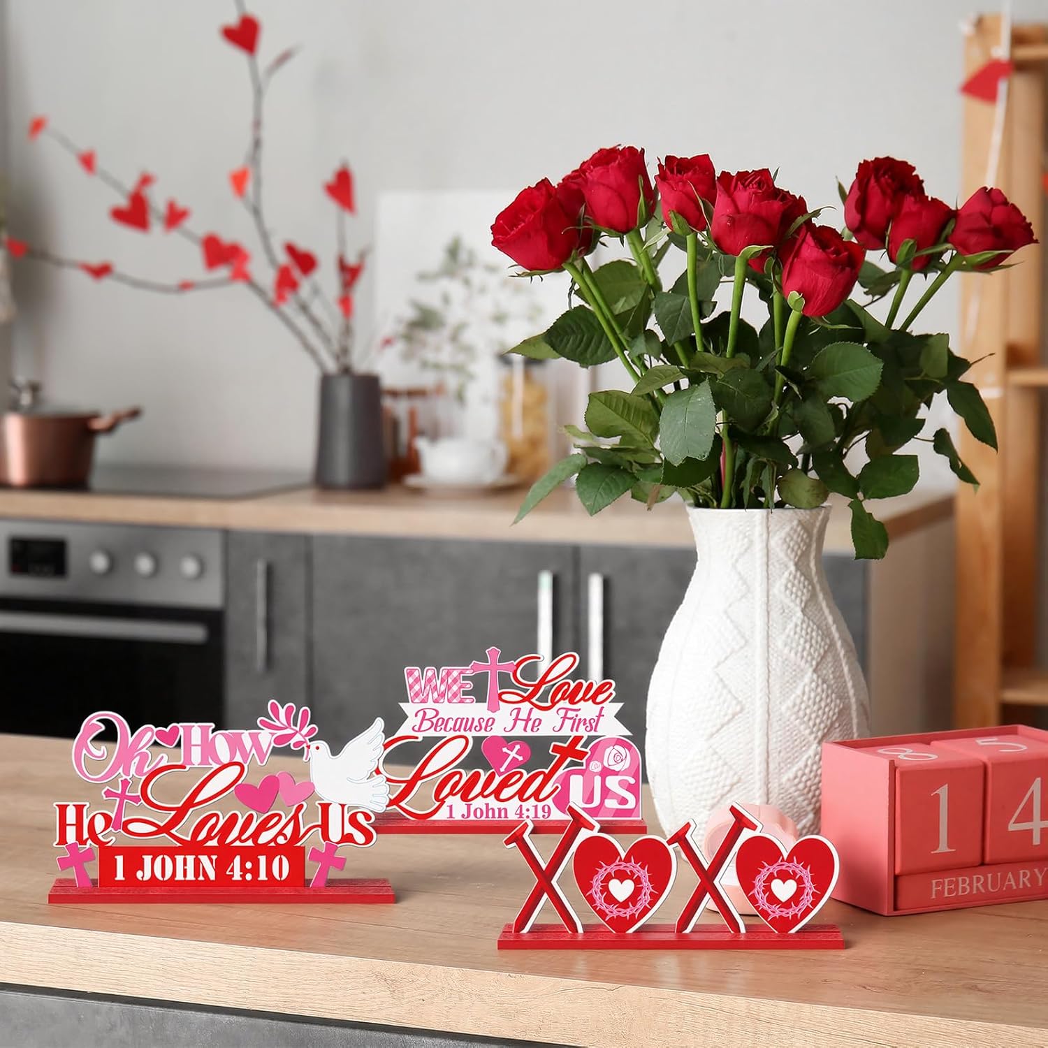 Amyhill 9 Pcs Valentine's Day Christian Wooden Table Decorations Centerpieces Religious Love Pink Red Heart Wooden Cross Sign Christian Vintage Valentines Decor for Home Shelf Block