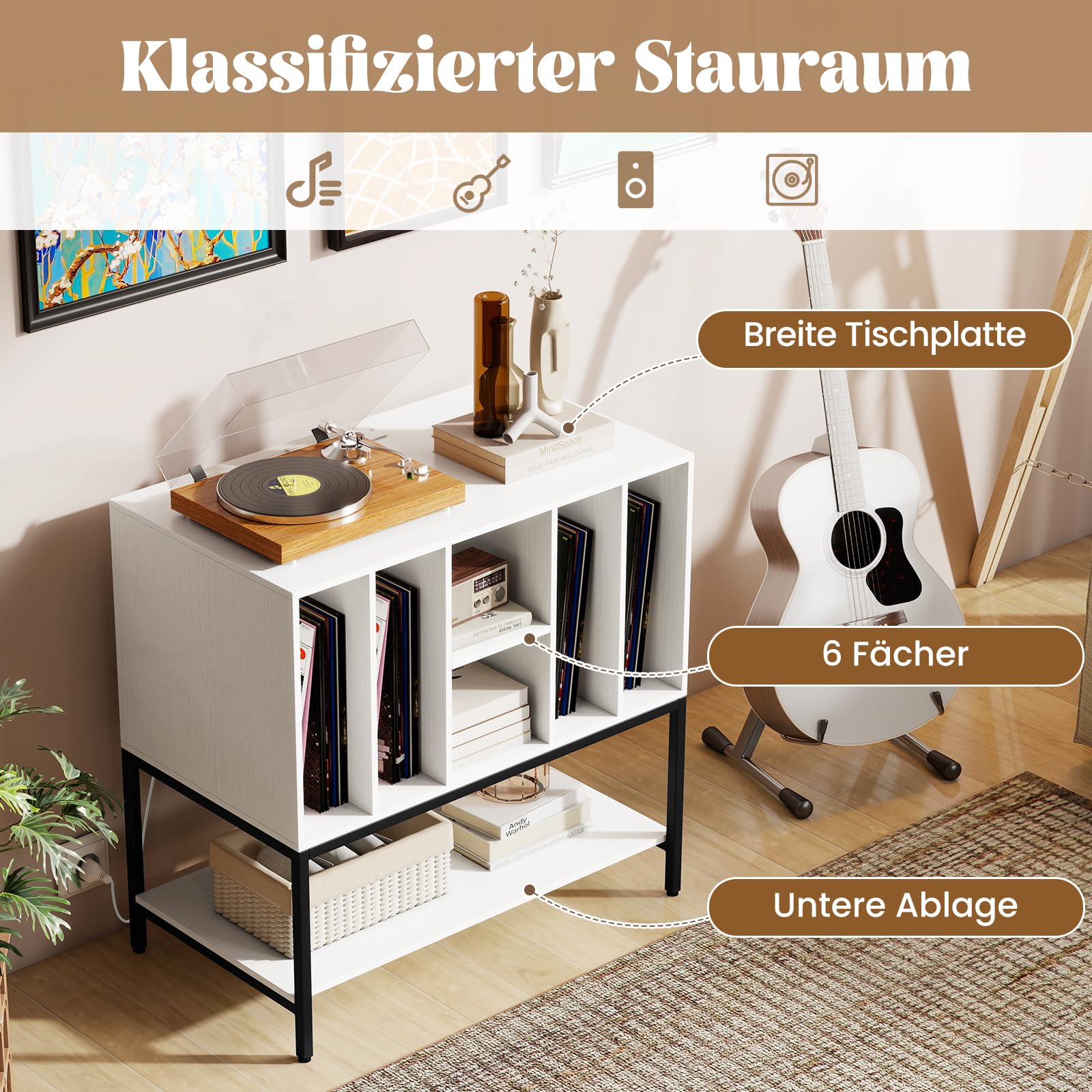 COSTWAY podstawka pod gramofon z ładowarką, szafka pomocnicza z przechowywaniem winyli, nowoczesna szafka do przechowywania, regał ekspozycyjny na winyle na do 150+ albumów 80 x 45 x 79,5 cm (Biały)