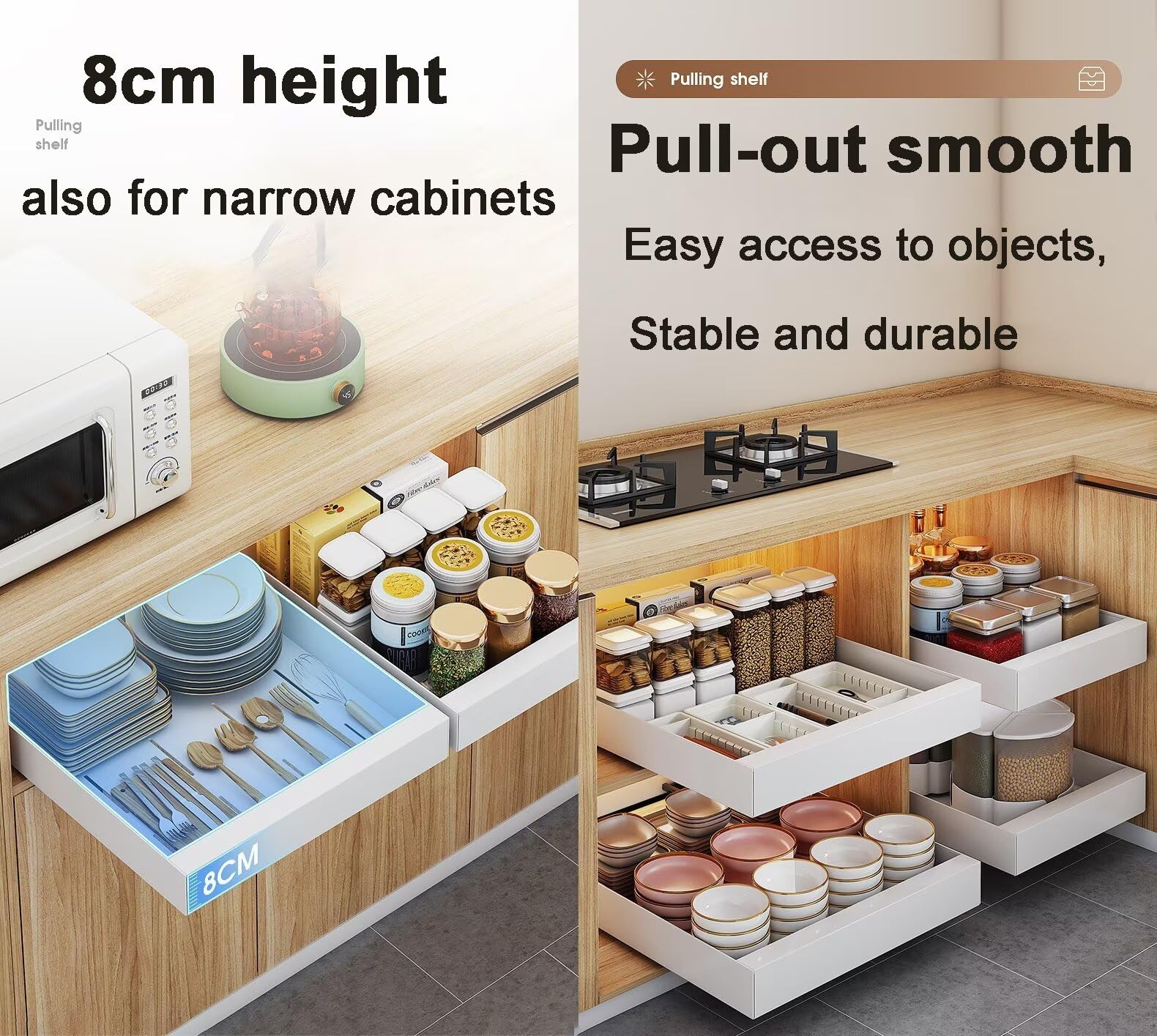 Beibijio Pull-Out Kitchen Drawer Organizer – No-Drill, Adjustable Width (32-52cm) Sliding Storage
