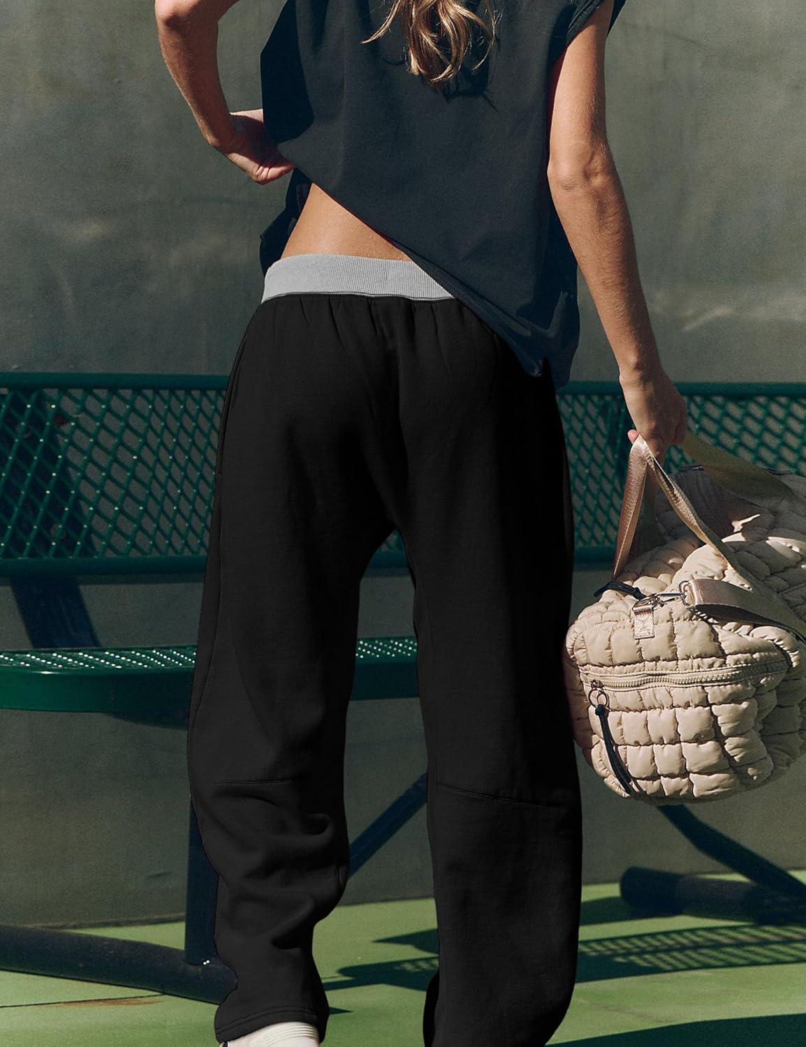 Athlisan Womens Barrel Sweatpants Wide Leg Color Block Workout Track Pants Trousers(Black-S) - Image 4