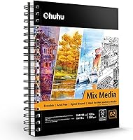 Ohuhu Mixed Media Pad 10x7.6" Spiral Bound Sketchbook, 120lb/200gsm Heavyweight Bleedproof Paper, 62 Sheets for Acrylics, Markers, Painting - Artist Gift
