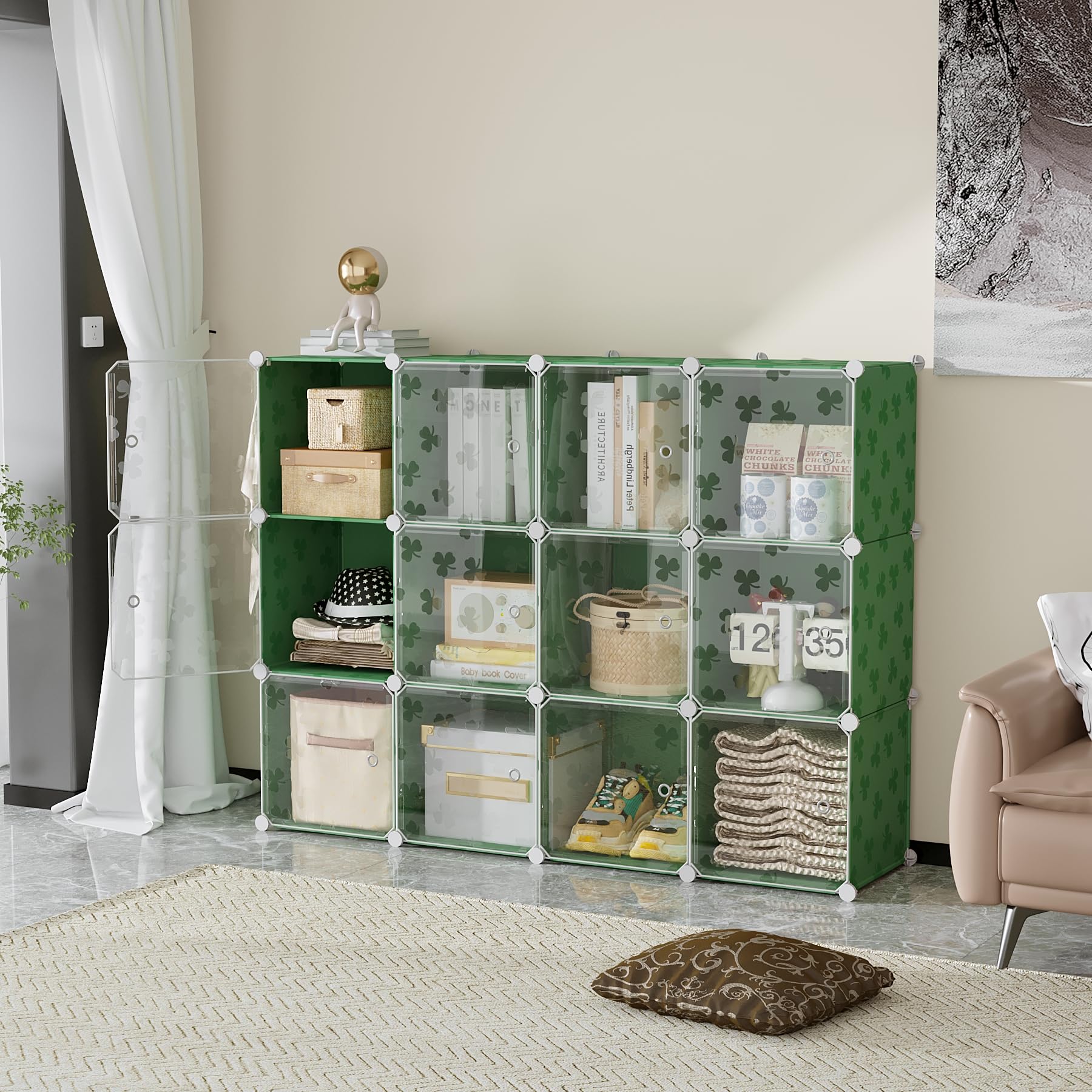 C&AHOME Organizzatore di contenitori a cubo con ante, ripiani a 12 cubi, armadio, libreria modulare in plastica fai-da-te ideale per camera da letto, soggiorno, verde