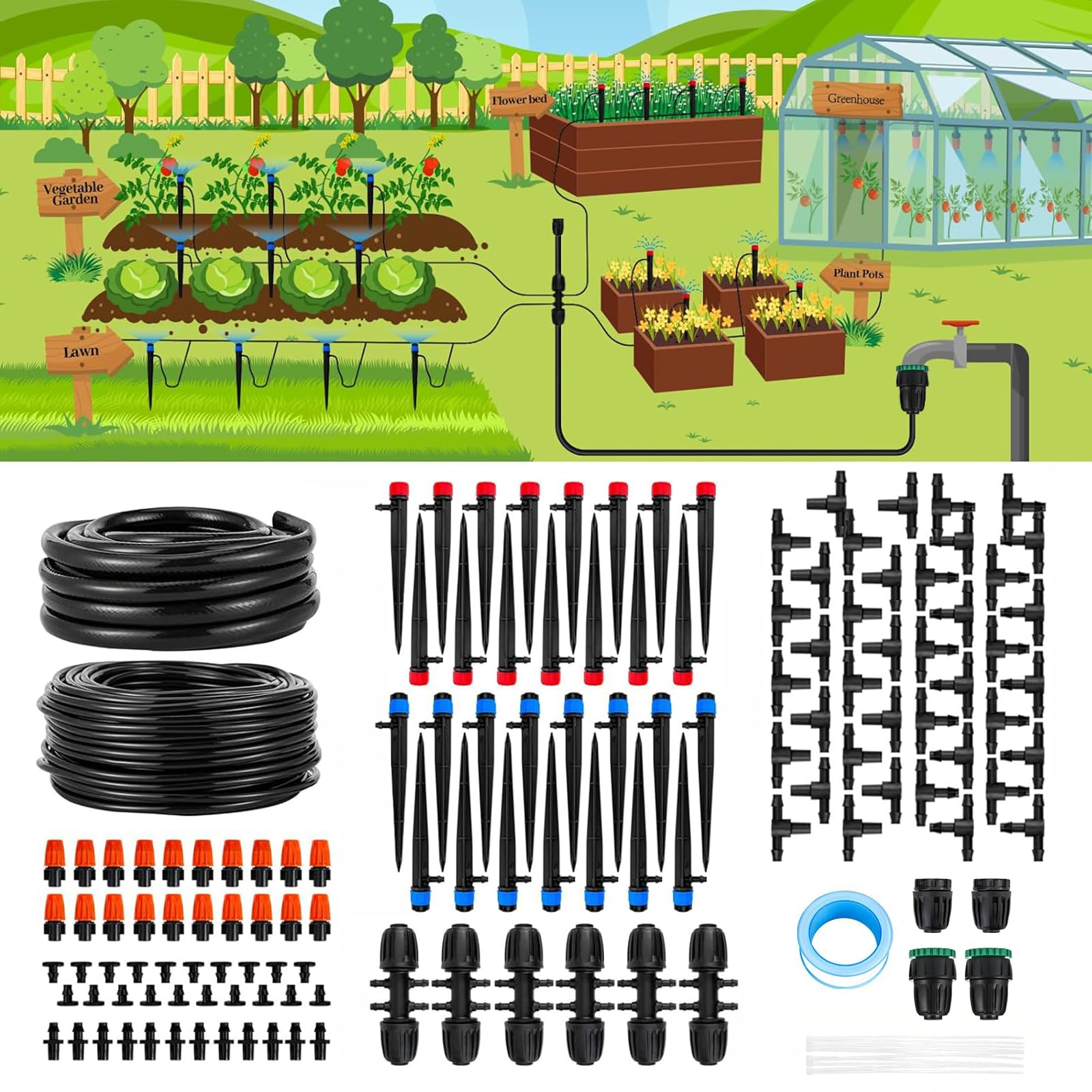 Irrigation System Kit Garden Watering System 240FT, 145pcs Drip Automatic Watering System with 12m Main Irrigation Tubing 60m Distribution Tubing, Water-Saving System for Greenhouse Allotment Garden