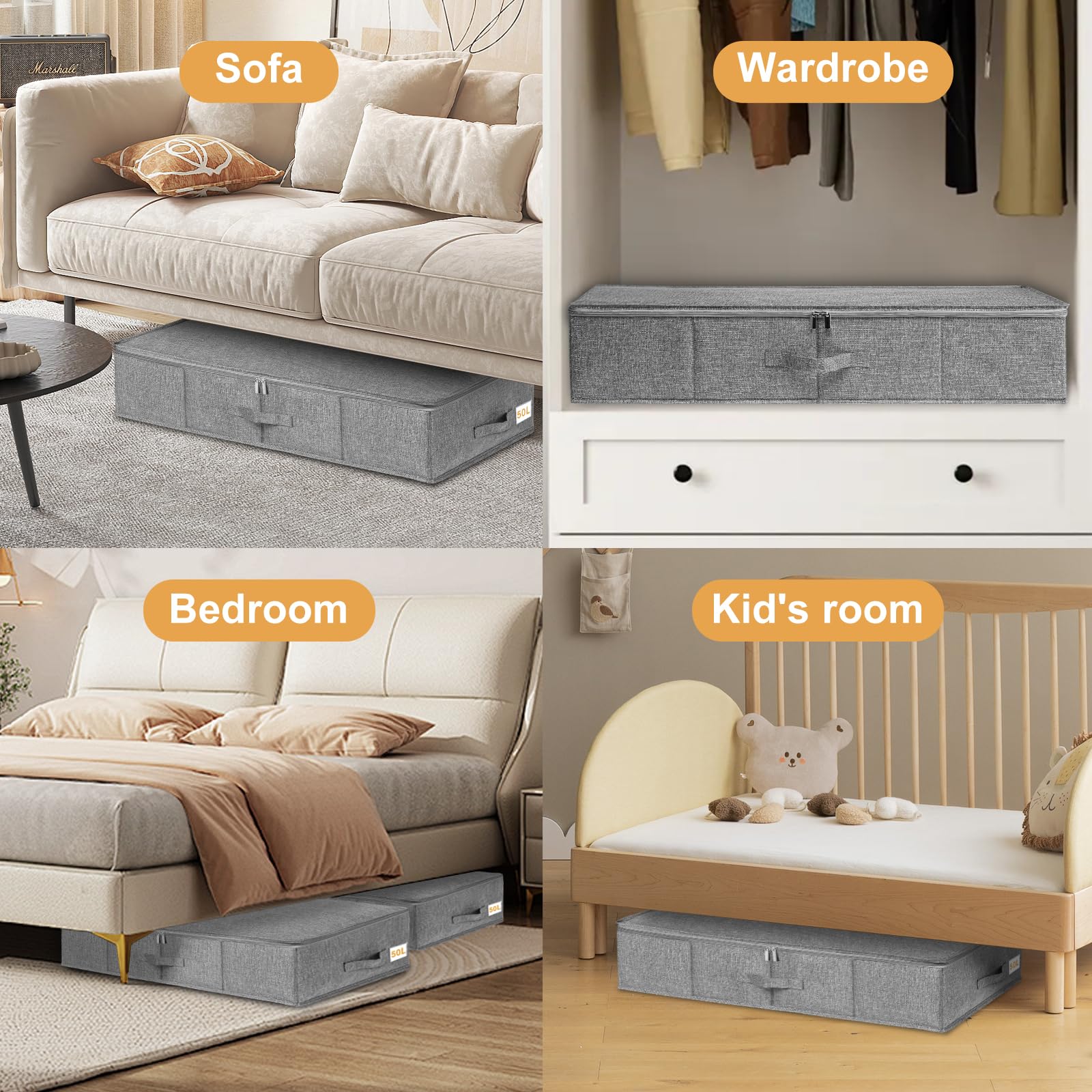 Contenitore sotto il letto, confezione da 3 scatole portaoggetti grandi con coperchio, pieghevoli, robuste sotto il letto, organizer per cassetti, con 3 manici, in tessuto ultra spesso, con cerniera,