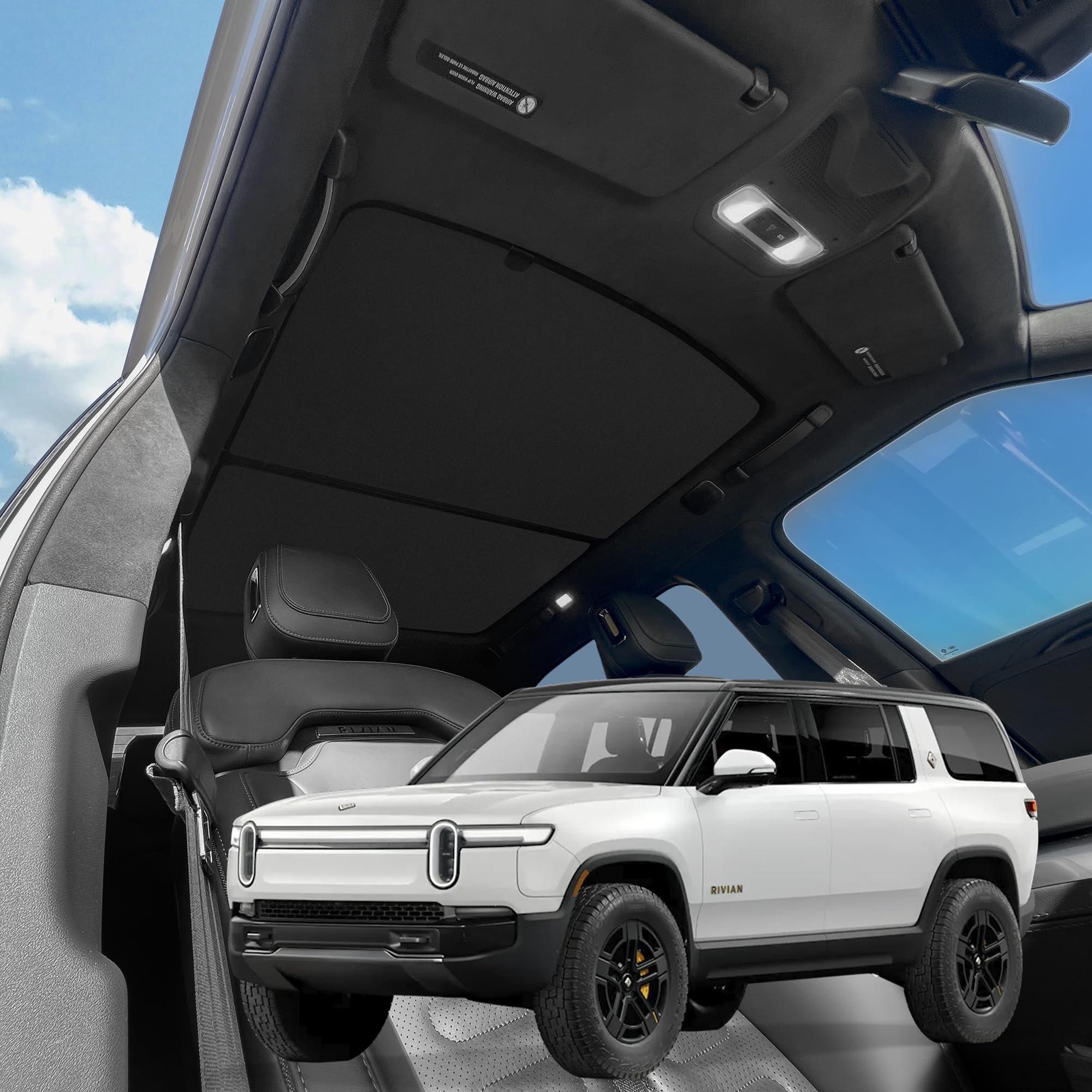 VION Roof Sunshade for Rivian R1S, with 3rd-Row Sunshade, Interior Black