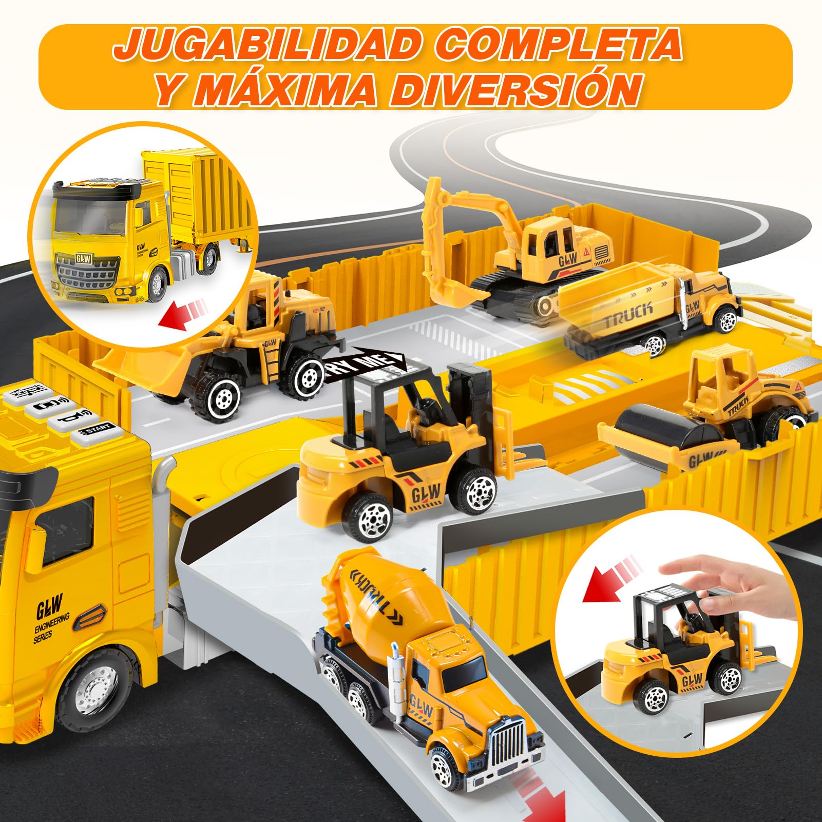 Juguetes para Niños 3 4 5 6 7 Años: Camión de Construcción con Luces y Sonidos Incluye Grúa Excavadora Hormigonera Apisonadora Bulldózer y Carretilla Elevadora, Regalo para Niños de 3 a 7 Años
