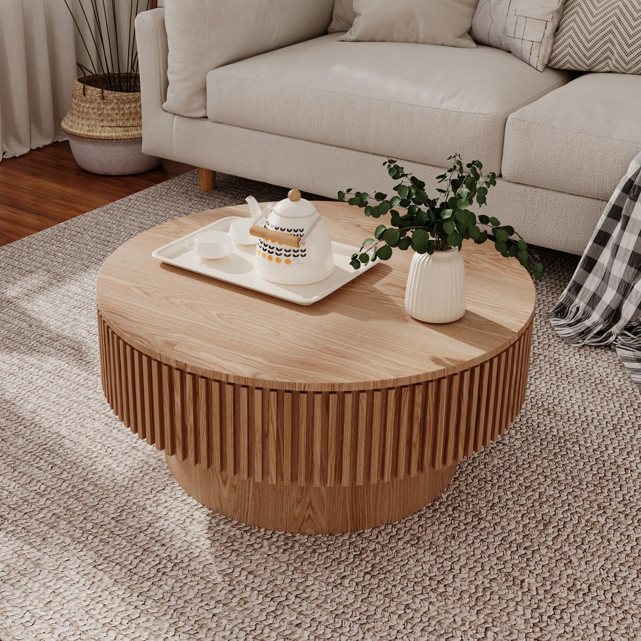 Tavolino rotondo, 75 cm di profondità x 75 cm di larghezza x 35 cm di altezza | Tavolino da salotto moderno, tavolino da salotto e vano portaoggetti, tavolino da divano impiallacciato in legno massello