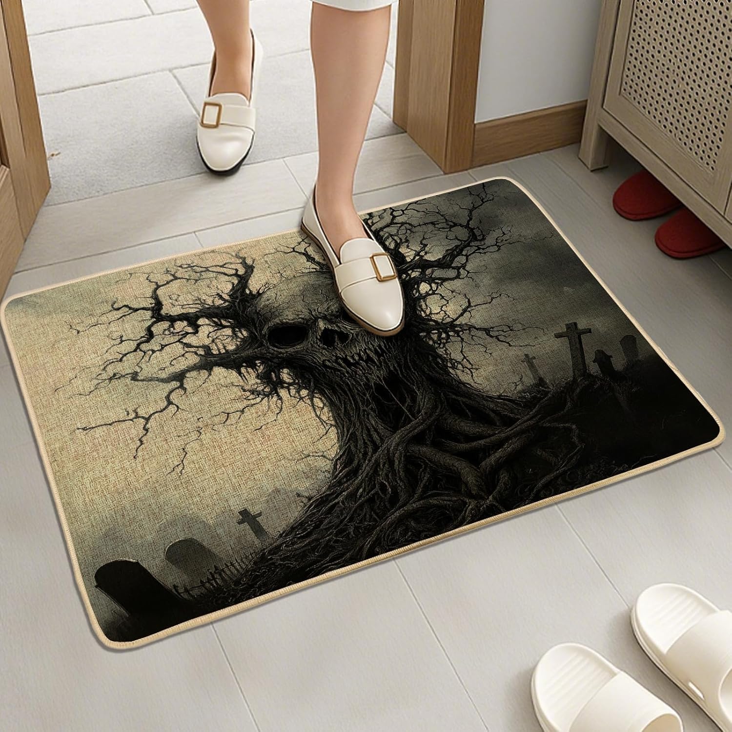 Halloween Horror Skull Tree Front Black Door Mat Outside Inside Entrance 29 * 17, Scary Gothic Skeleton Scenic Outdoor Entry Fromt Doormat, Small Creepy Shoes Off Door Rug for Patio