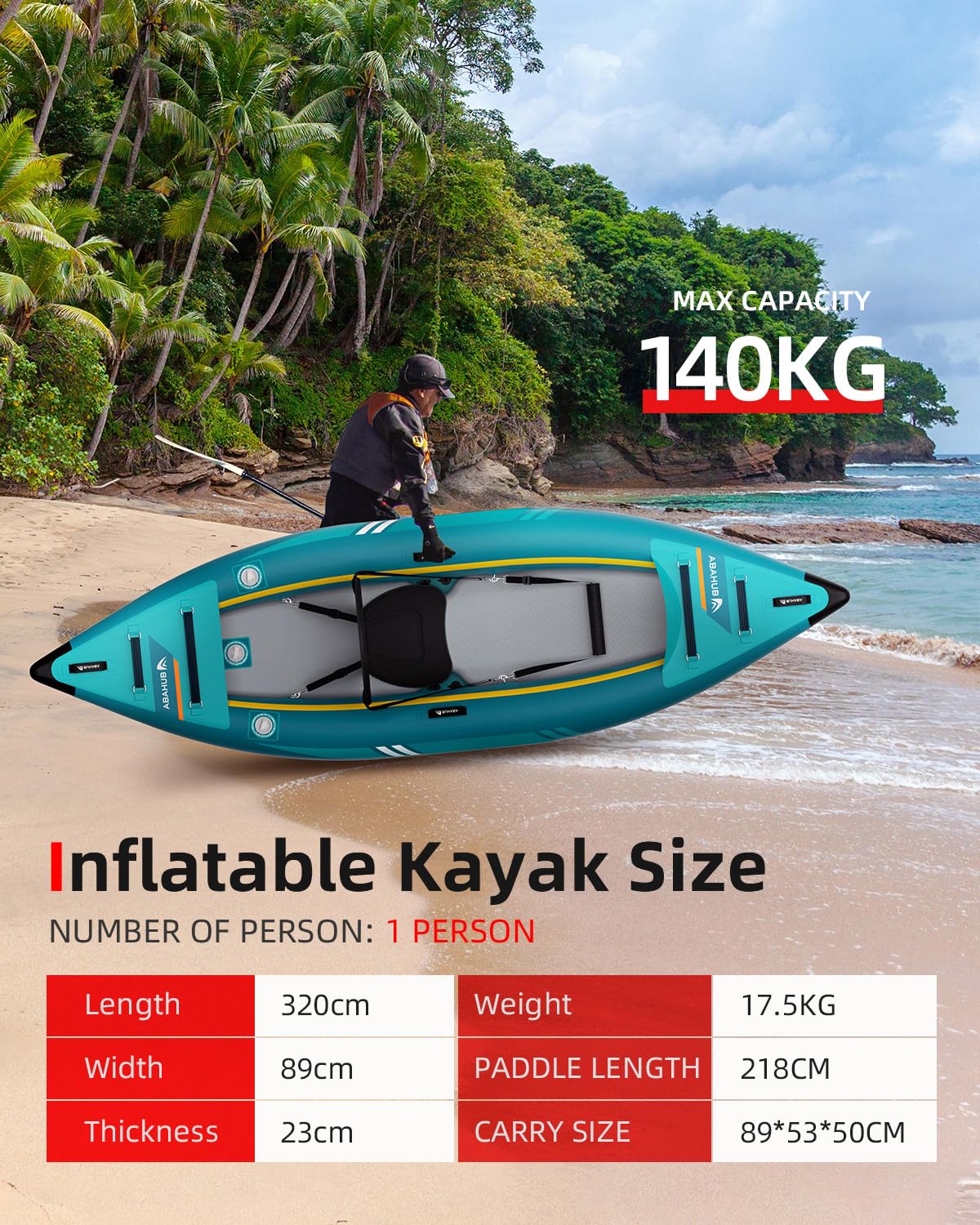 Abahub Kayak Hinchable 320/420cm con Remo, Asiento, Bomba y Bolsa 1/2 Plaza 320x89x23cm
