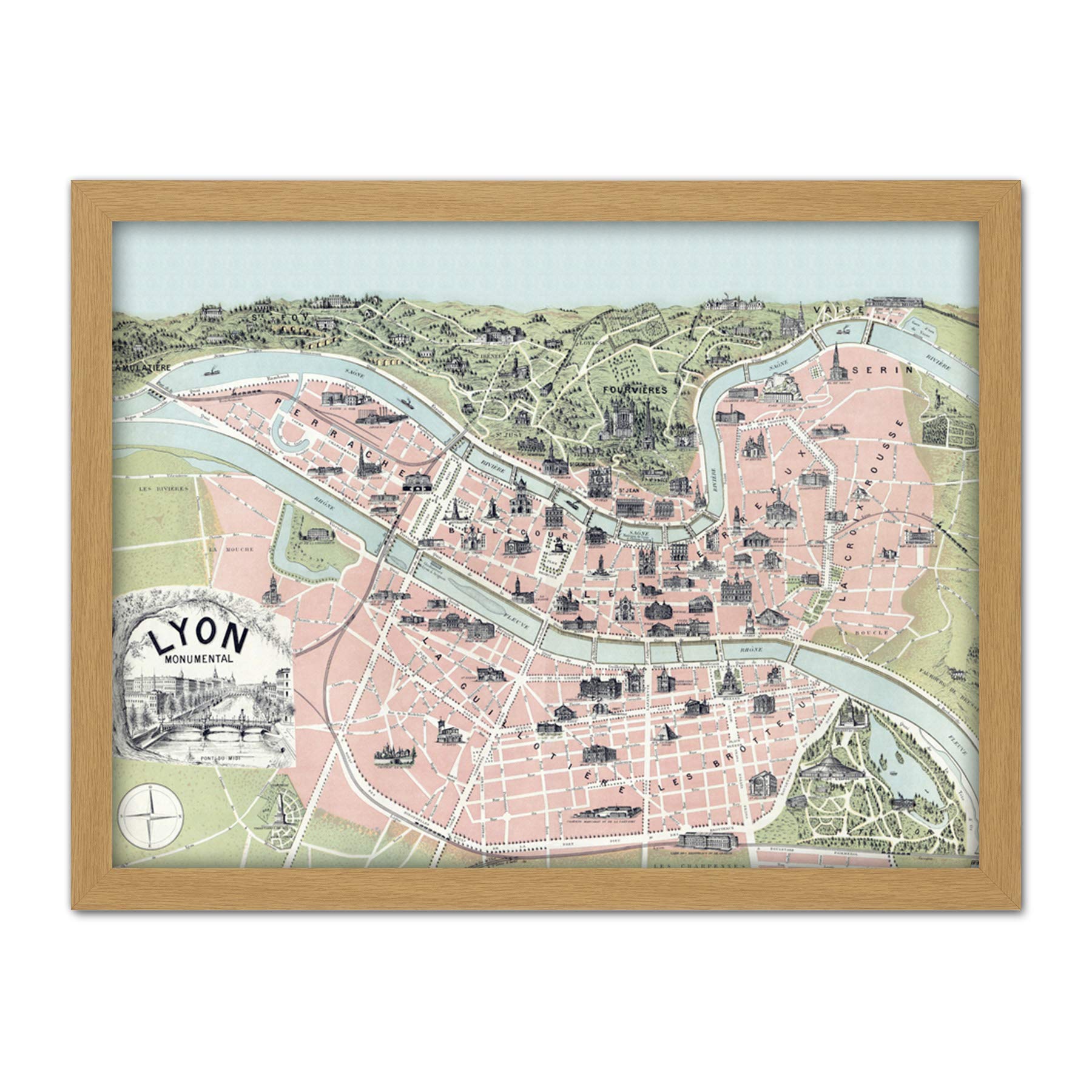 Artery8 Lyon City Monument Landmark Map France 1894 Artwork Framed Wall Art Print 18X24 Inch